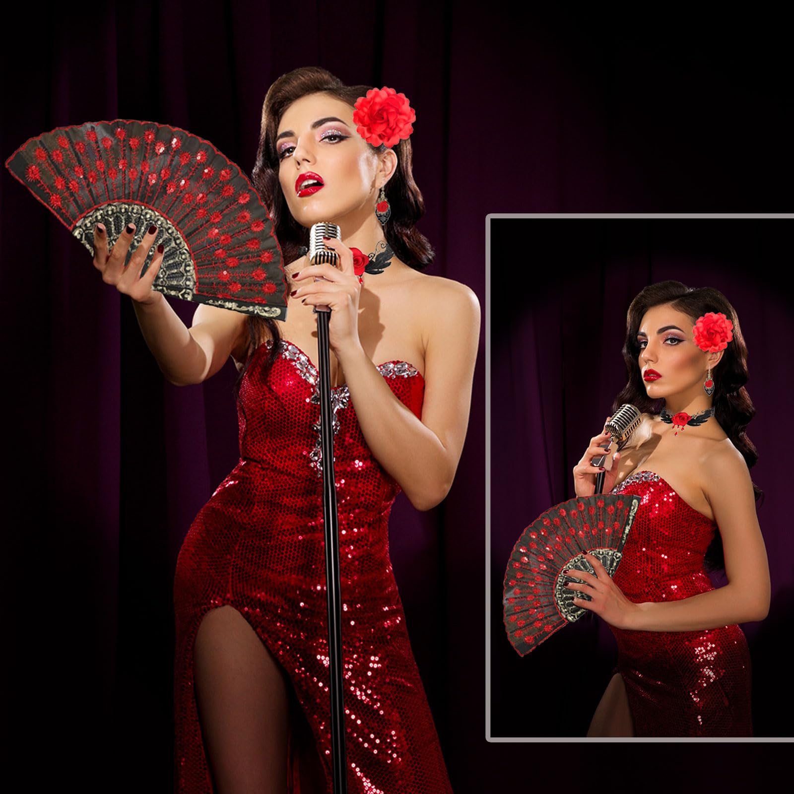 FOUNSHO 4PCS Rose Flower Flamenco Accessories for Women Embroidered Sequins Folding Fan Choker Earrings Red Rose Flower Hair Clip Spanish Dancer Costume For Ladies 1920s Fancy Dress Halloween (Red) - Image 3