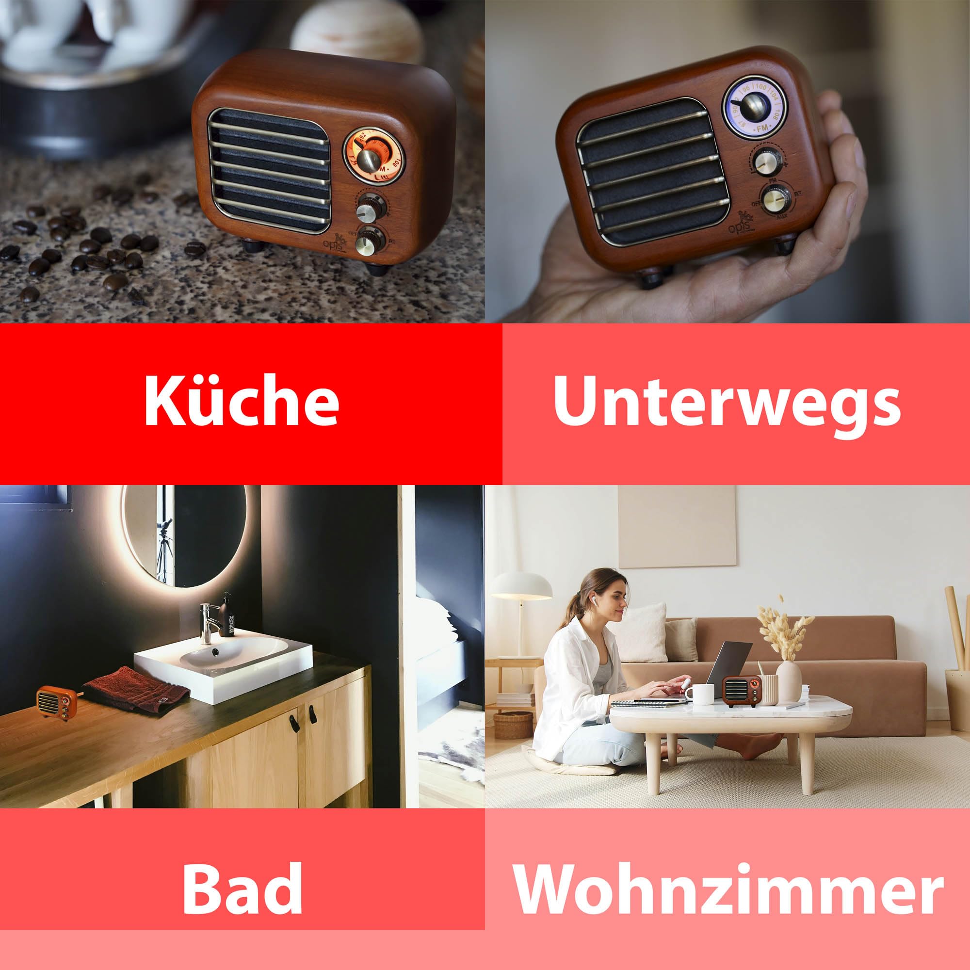 Opis Radio 3 – Kleiner Kirschholz Retro Bluetooth Lautsprecher mit UKW Radio mit Bluetooth im Vintage Look - SD-Kartenfunktion und AUX Eingang
