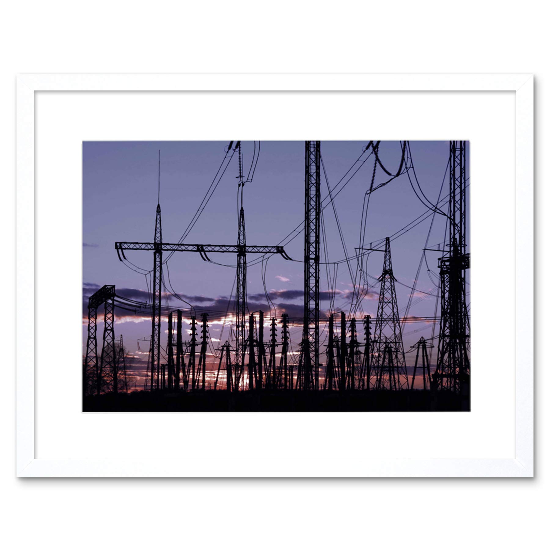 Wee Blue Coo Photo Electricity Pylons Silhouette Power Energy Sunset Framed Wall Art Print