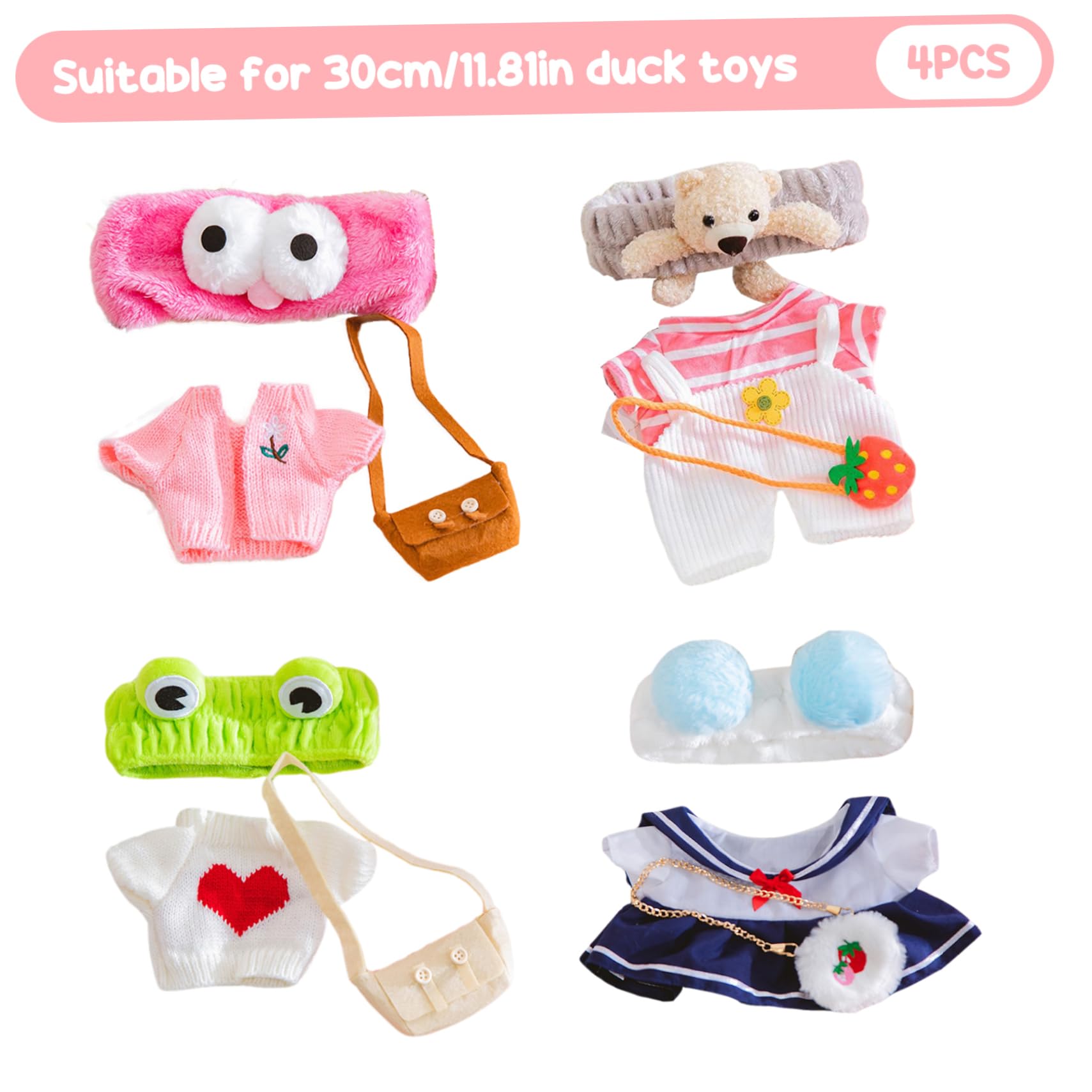 Set De 4 Atuendos Kawaii Para Pato De Peluche – Incluye Diadema Y Bolso – Ropa Para Muñecos De 30 Cm