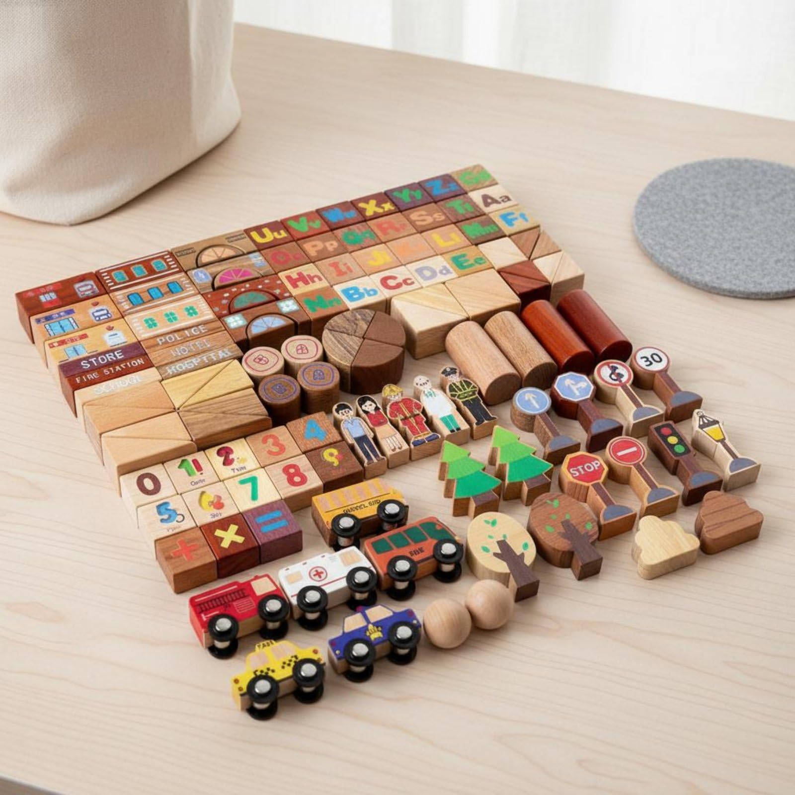 118 Pezzi Blocchi Costruzione Bambini Set Educativo Legno Scena Cittadina Segnali Auto Mattoncini Tattili in Faggio per Fantasia E Problem Solving