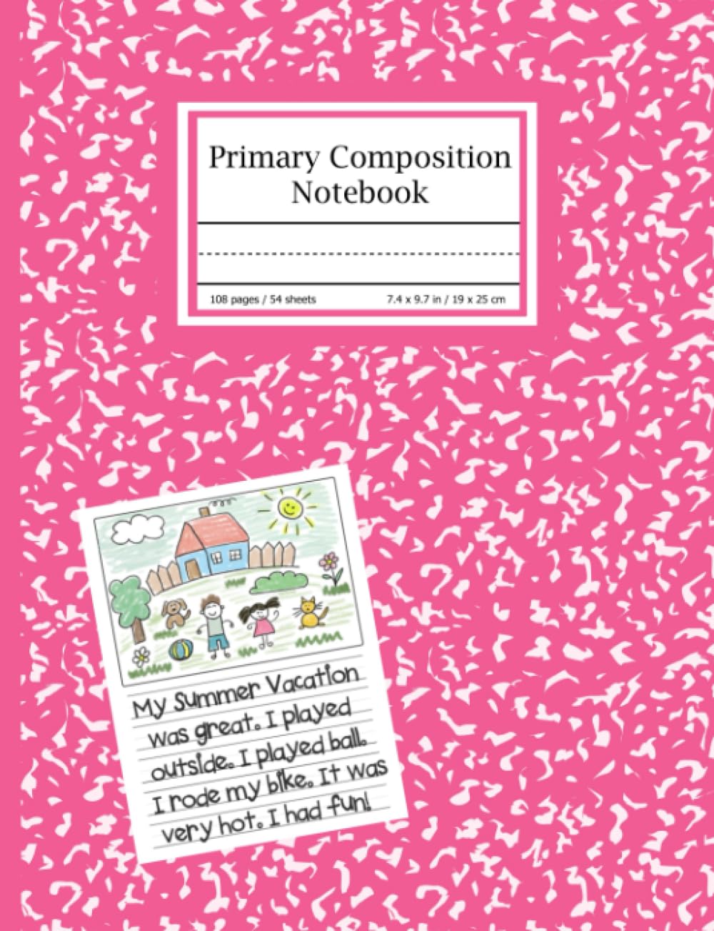 Primary Composition Notebook: Pink Marble Draw and Write Journal for Grades K-2 With Dotted Midline and Picture Space