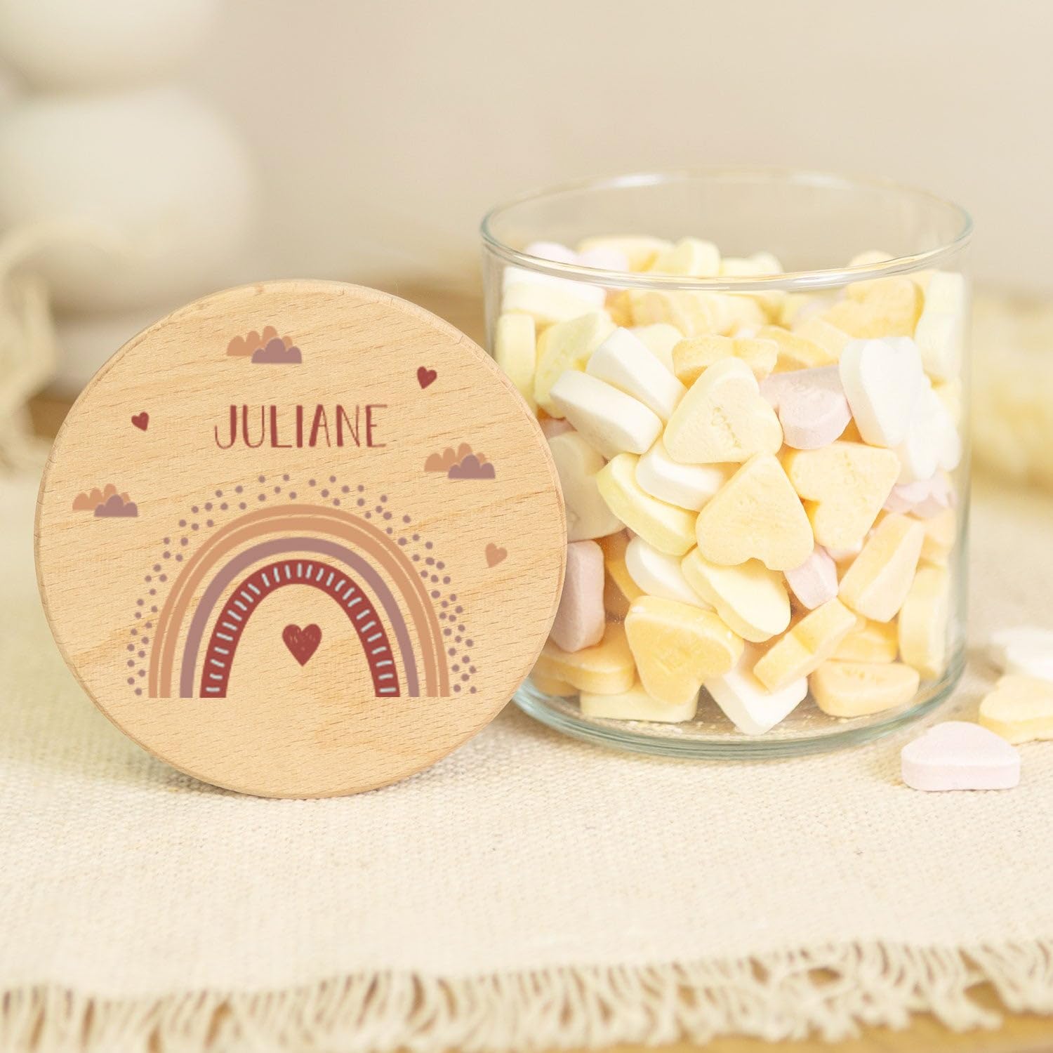 GRAVURZEILE Vorratsglas mit bedrucktem Holzdeckel - Regenbogen Rot - Personalisiert mit Name & Datum - Keksdose Bonbonglas mit Deckel - Vorratsdose - Geschenk für Kinder - 880 ml
