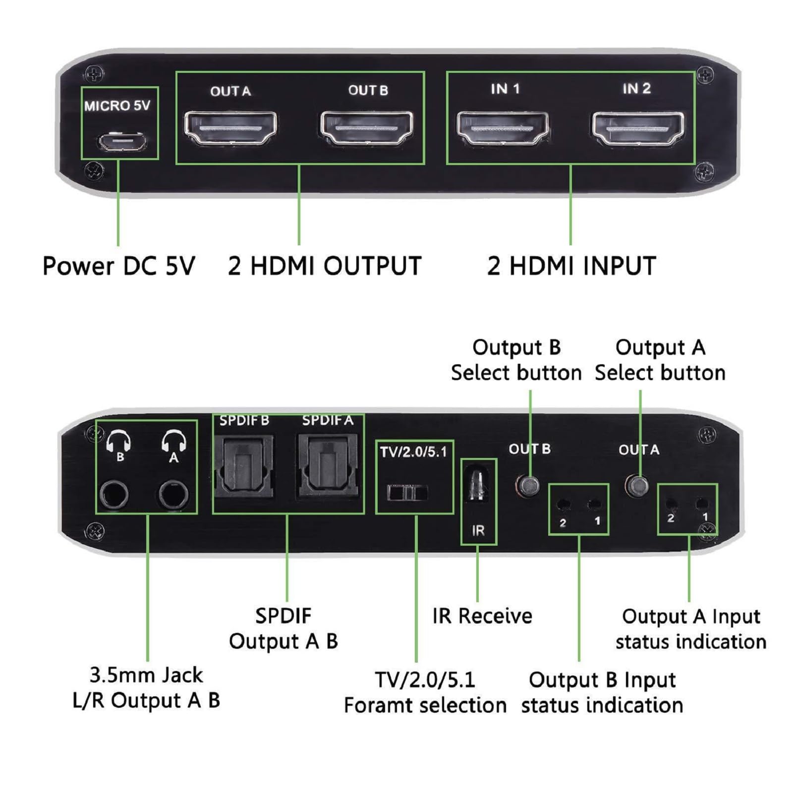 Splitter a matrice HDMI 2 in 2 Out HDMI Switcher UHD HDMI 2.0 2x2 Splitter con SPDIF e L/R per Laptop TV Console di gioco Supporto HDCP 2.2 ARC 3D 4K @ 60Hz