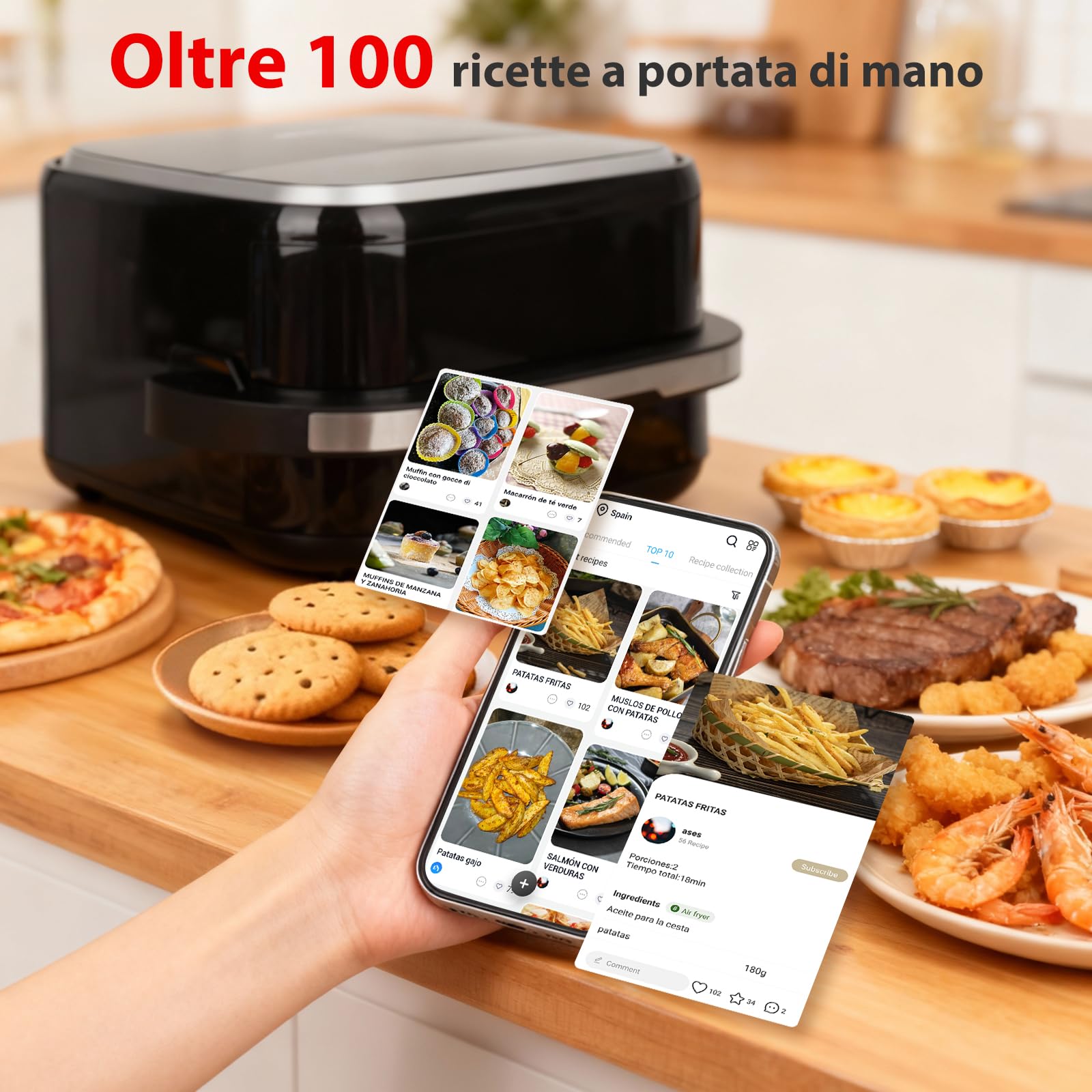 Aigostar Friggitrice ad Aria XXL 745cm² Surface, 2200W Silenzioso Extra-Crisp Technologie + Doppia Resistenza, 11 Programmi (Pizza Surgelata), Touchscreen, Finestra Illuminata, Interno Metallico, Nero