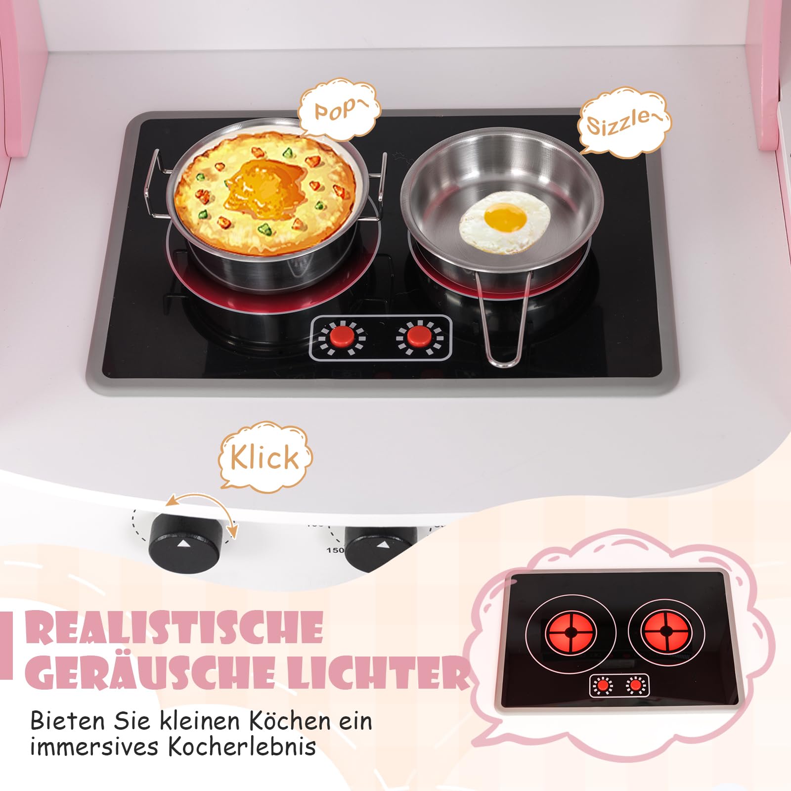 DREAMADE Kinderküche mit Licht und Sound, Kinder Küche Eckküche aus Holz mit Herd Spüle Backofen Waschmaschiene, Spielküche mit 14 TLG. Spielzubehör für Kinder ab 3 Jahren (Rosa)