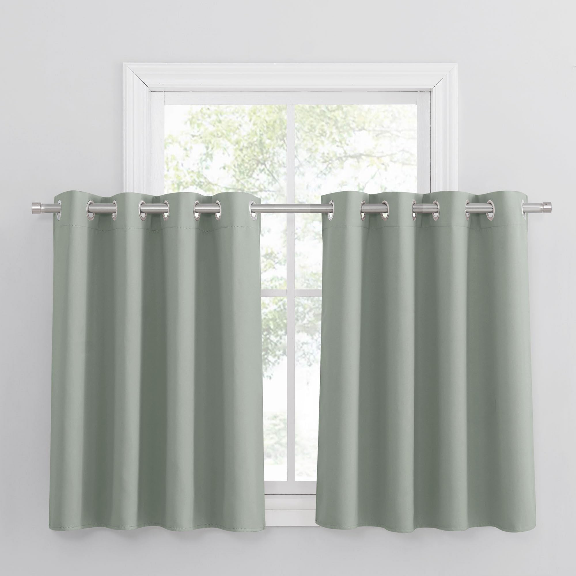 PONY DANCE Green Sage Thermal Eyelet Curtains - Short Sunlight Blocking Energy Saving Curtains & Drapes for Kids Room, Kitchen Privacy, 46 x 36 Inch, 2 Panels, Sage Green