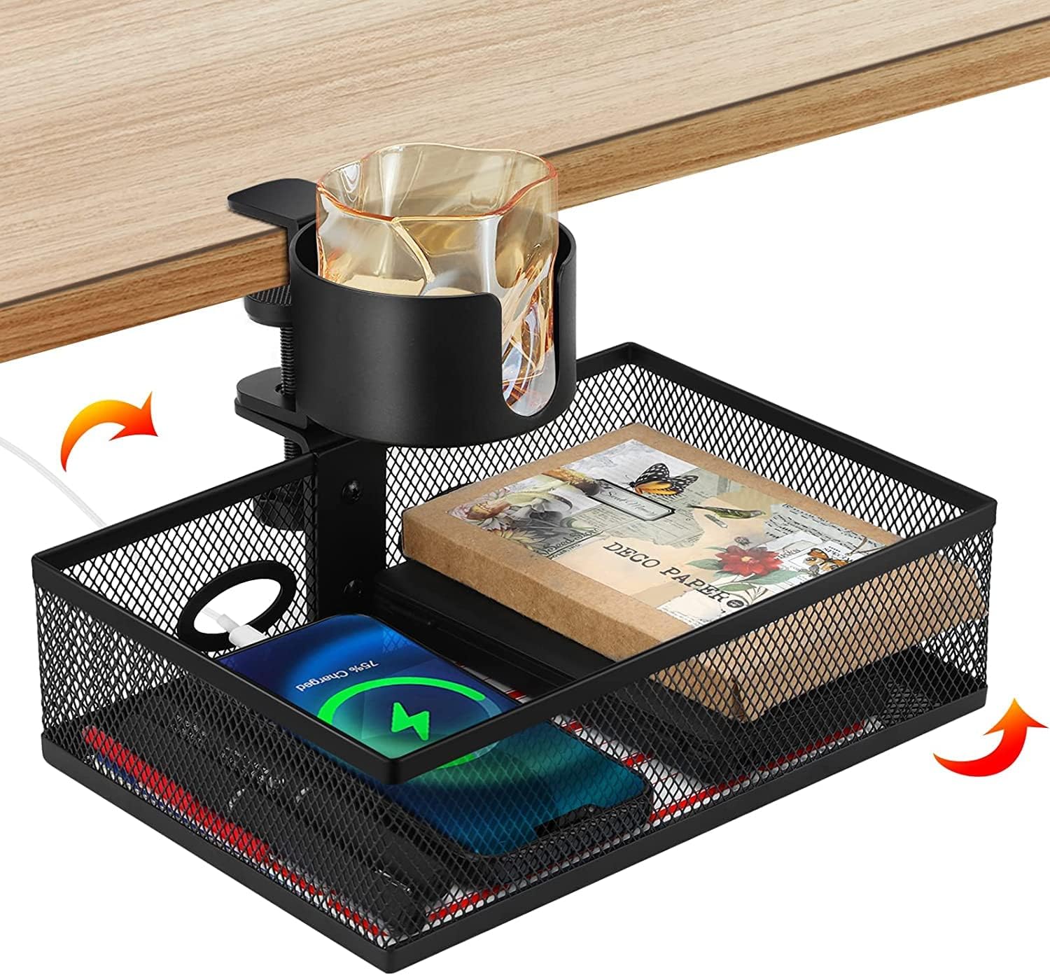 360 ° Rotary Under Desk Drawer with Cup Holder, 2 in 1 Desk Drawer