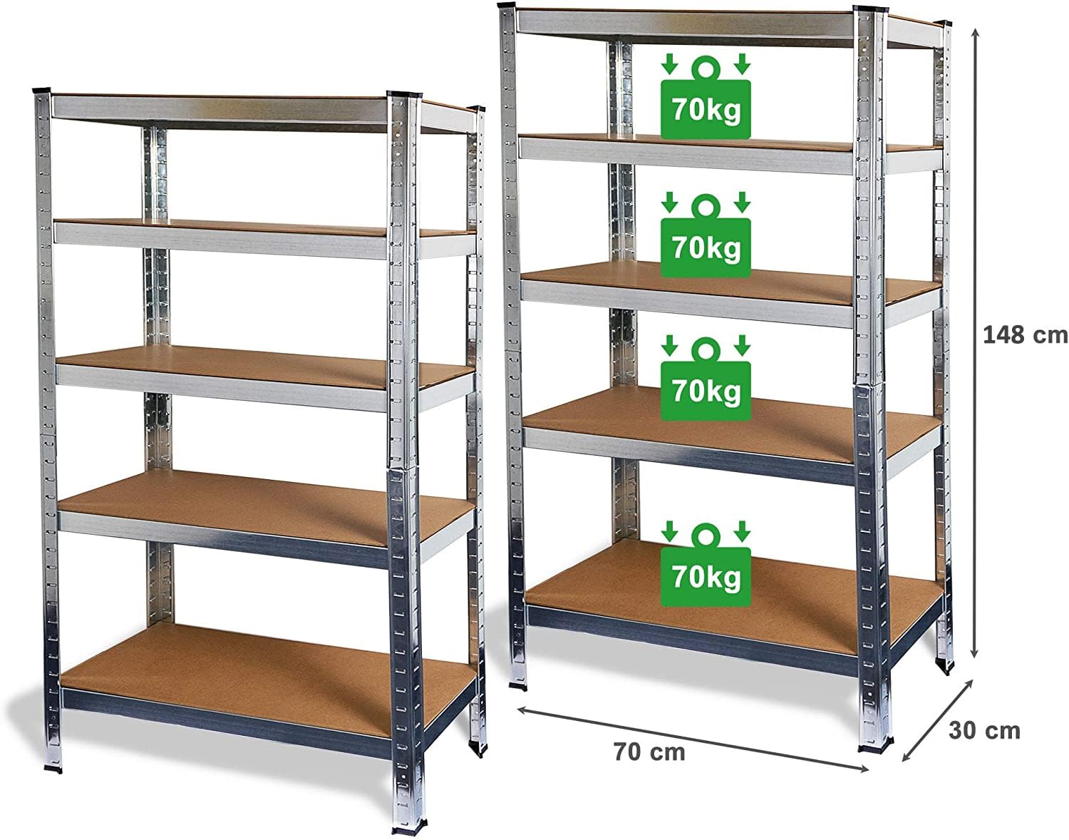 Ondis24 Scaffalatura in metallo Basti, scaffalatura per magazzini, cantine, colore argento, con 5 ripiani regolabili in altezza, scaffale da officina, funzionale per carichi pesanti (2, 70 x 30 x 148)
