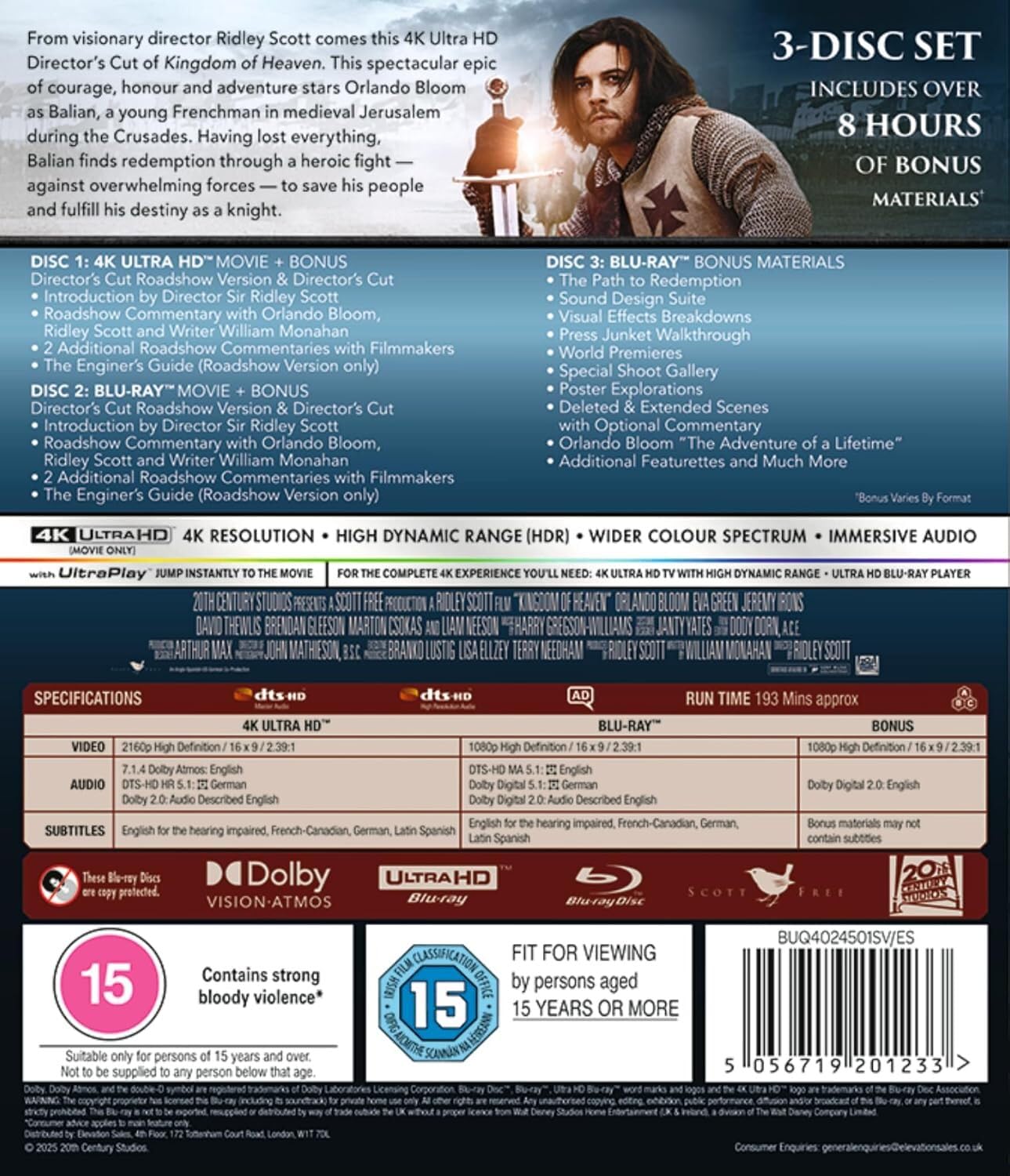 Kingdom of Heaven – (Director's Cut + Bonus Features, 3-Disc Set) [4K UHD + Blu-ray] [Region Free]