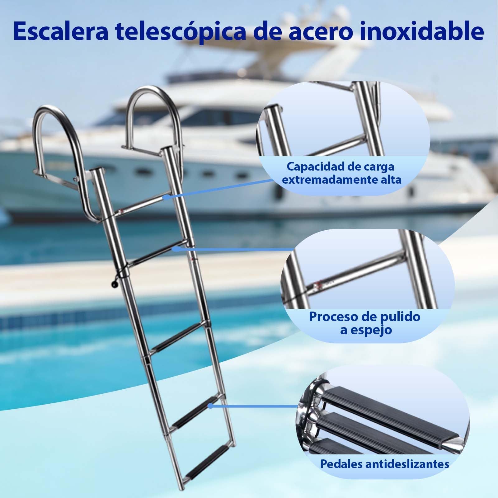 Escalera Piscina Escalera, de 3 escalones, con Acabado Pulido, Diseño Plegable, Pedales Anchos Antideslizantes, Asas Arqueadas para Barcos, Yates, Muelles.