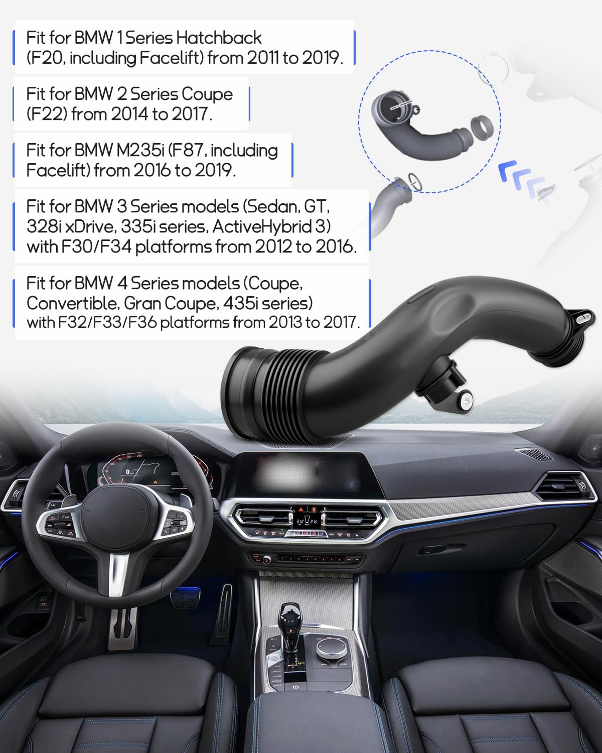 13717602651 Air Intake Turbo Hose Pipe Fit for BMW F30 F34 F35 F36 F20 F32 F22 F87 Air Filter Housing Turbocharger Intake Hose for M135i M235i 335i M2 435i xDrive 3.0L Replace 13717602651