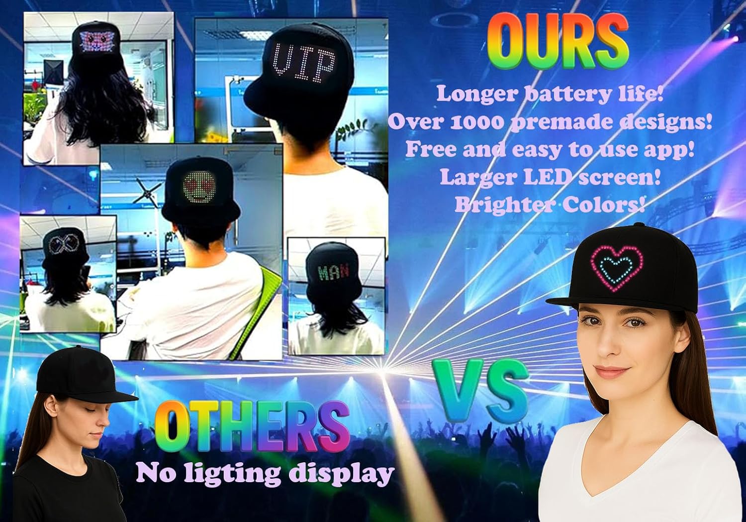 LED Display Up Baseball Cap with Bluetooth - Personalized Messages for Parties, Birthdays, Gifts Black - Image 3