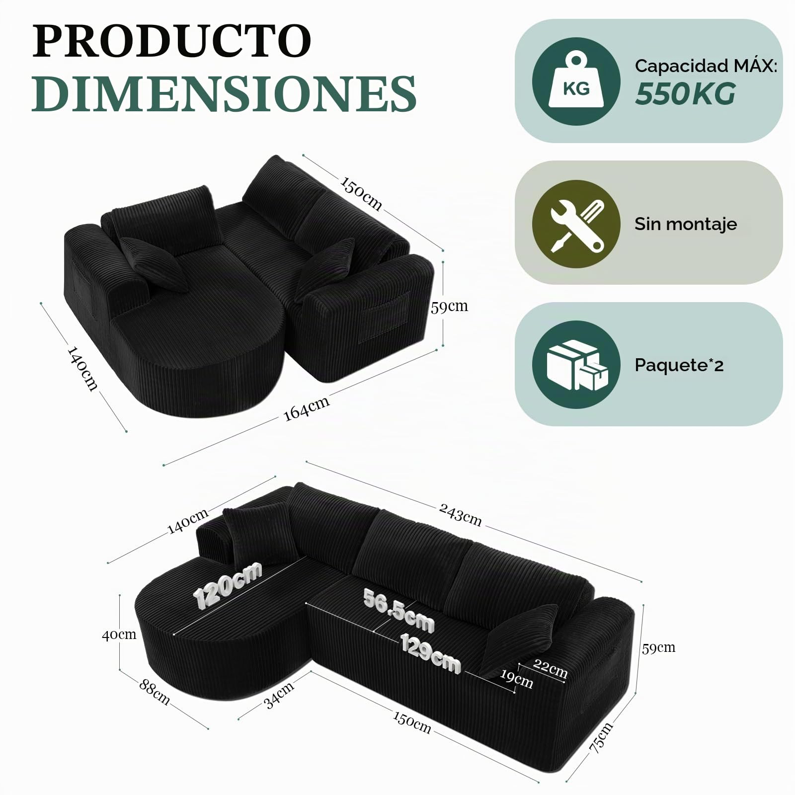 COMHOMA Sofá esquinero con función de dormir, 243 cm, sofá modular sin boneless con chaise longue, sofá cama seccional con cojines y bolsillos laterales, sofá para salón, sin montaje, color negro