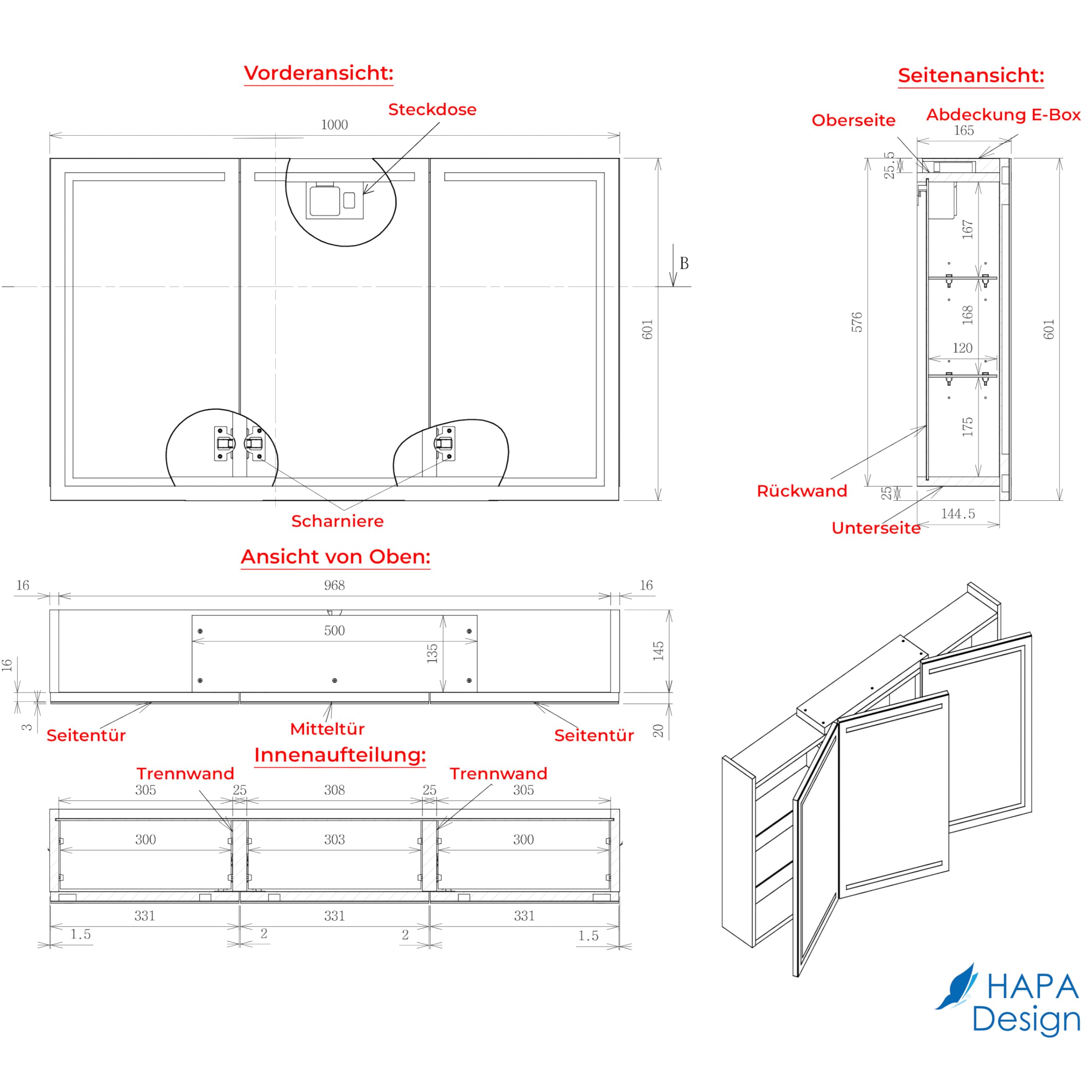 Milano Spiegelschrank Bad 100 cm, LED-Beleuchtung, Steckdose | Badspiegelschrank Weiß mit umlaufender LED-Beleuchtung, fertig montiert, Unterputz geeignet, Blum-Scharniere, Made in Europe