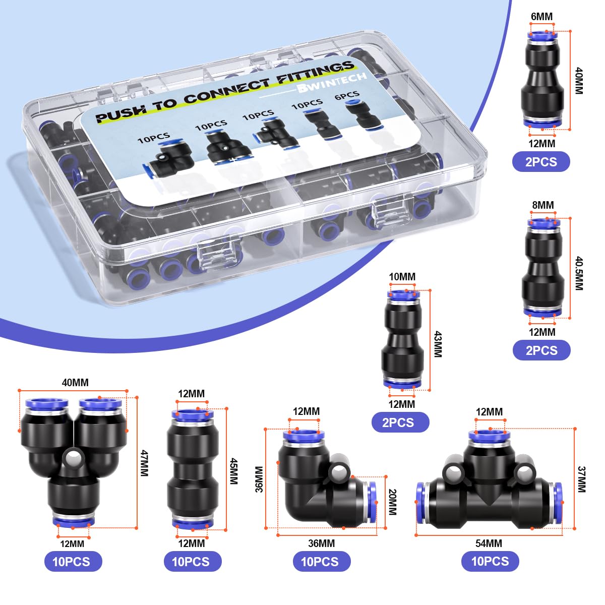 Bwintech Kit de montaje de tubo de aire de conexión rápida neumática de 12 mm, 46 piezas (conector recto/codo/tee/divisor de 12 mm y conector reductor de 6-12, 8-12, 10-12 mm)