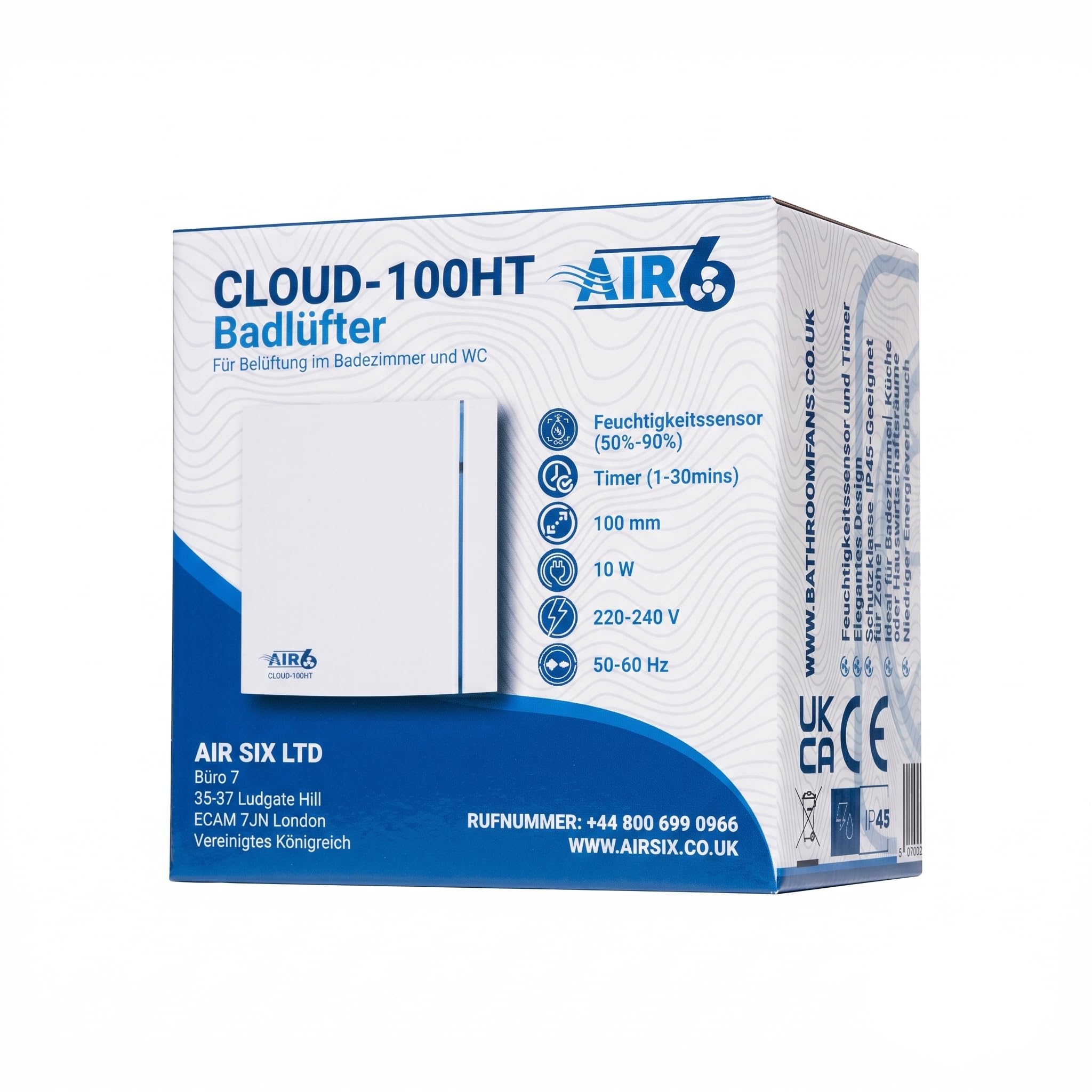 AIR 6 Badlüfter 100mm, Abluftventilator Für Badezimmer, WC, Bad Lüfter mit Feuchtigkeitssensor und Timer, Leise und Leistungsstark, Wand- oder Deckenmontage, Leistung 26,5 l/s (95 m³/h), Weiß, IP45