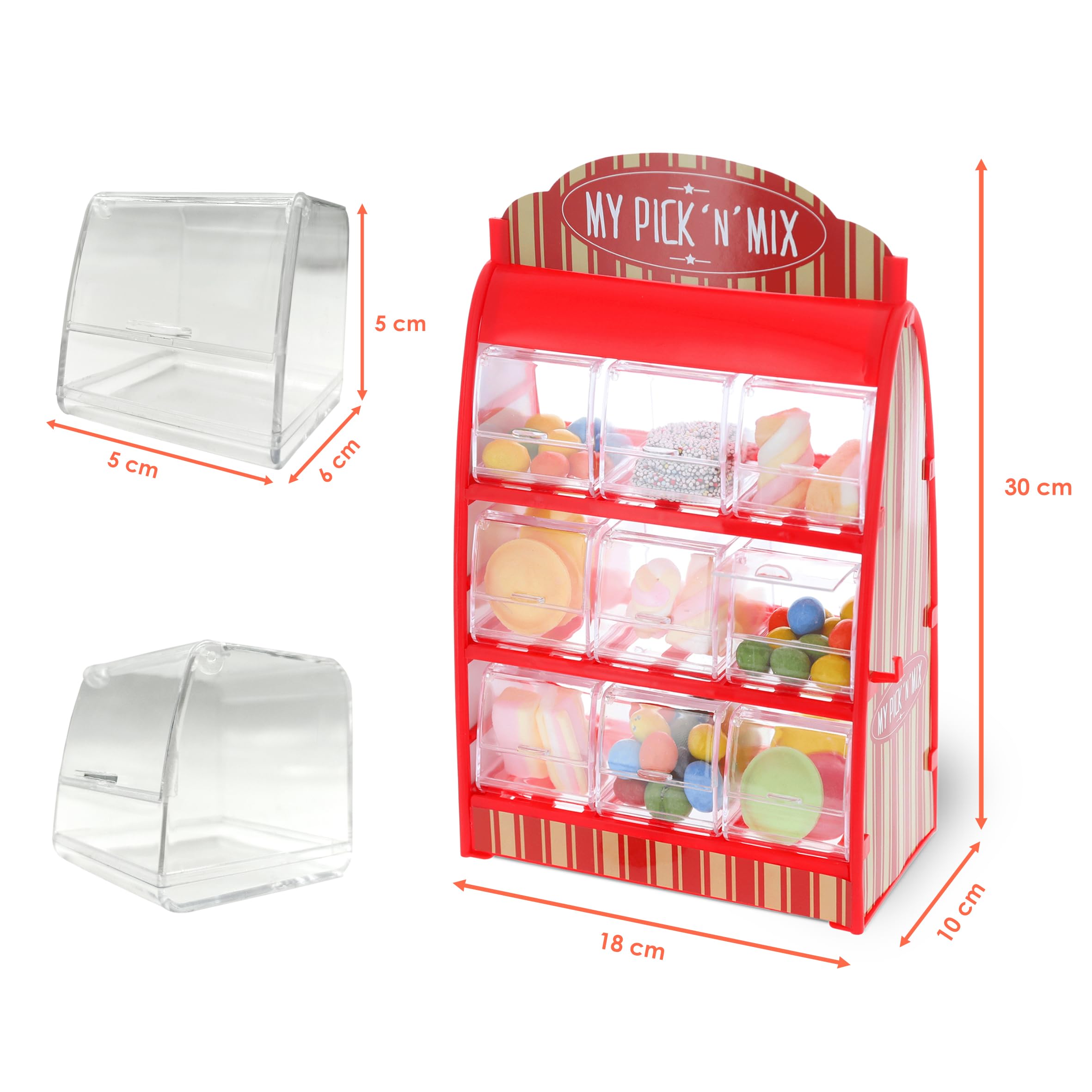 Süßigkeitenspender mit 9 Fächern - 30 x 18 cm - Candy Bar im Retro Design mit Zange - Süßigkeiten Spender Bonboniere Weingummi Jellybeans Theke