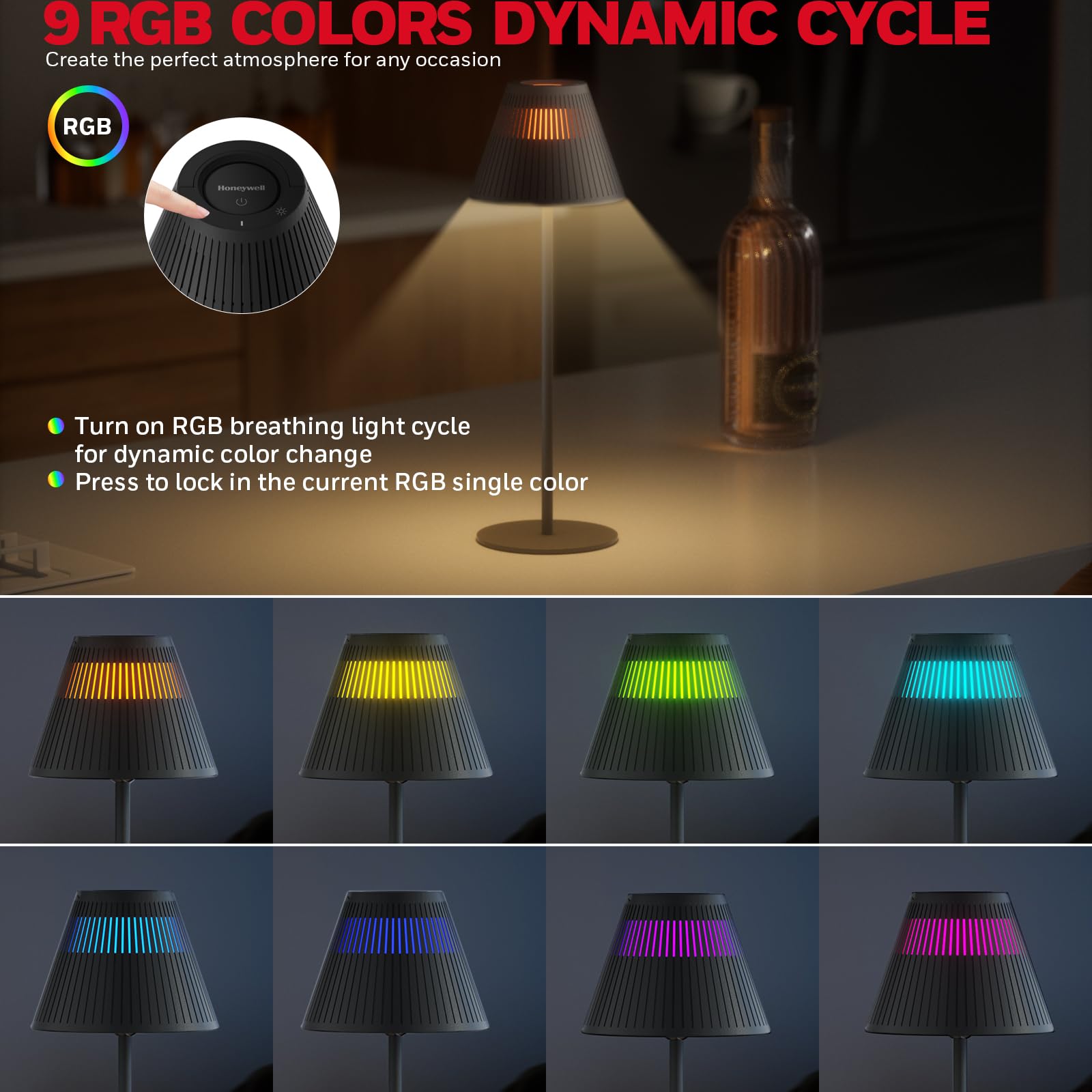 Honeywell Lampe de Table LED Sans Fil Rechargeable Lot de 2 avec RGB, 4 Modes de Couleur Lampe de Bureau Chevet Dimmable Contrôle Tactile Lampe pour Café Chambre Salon Noir