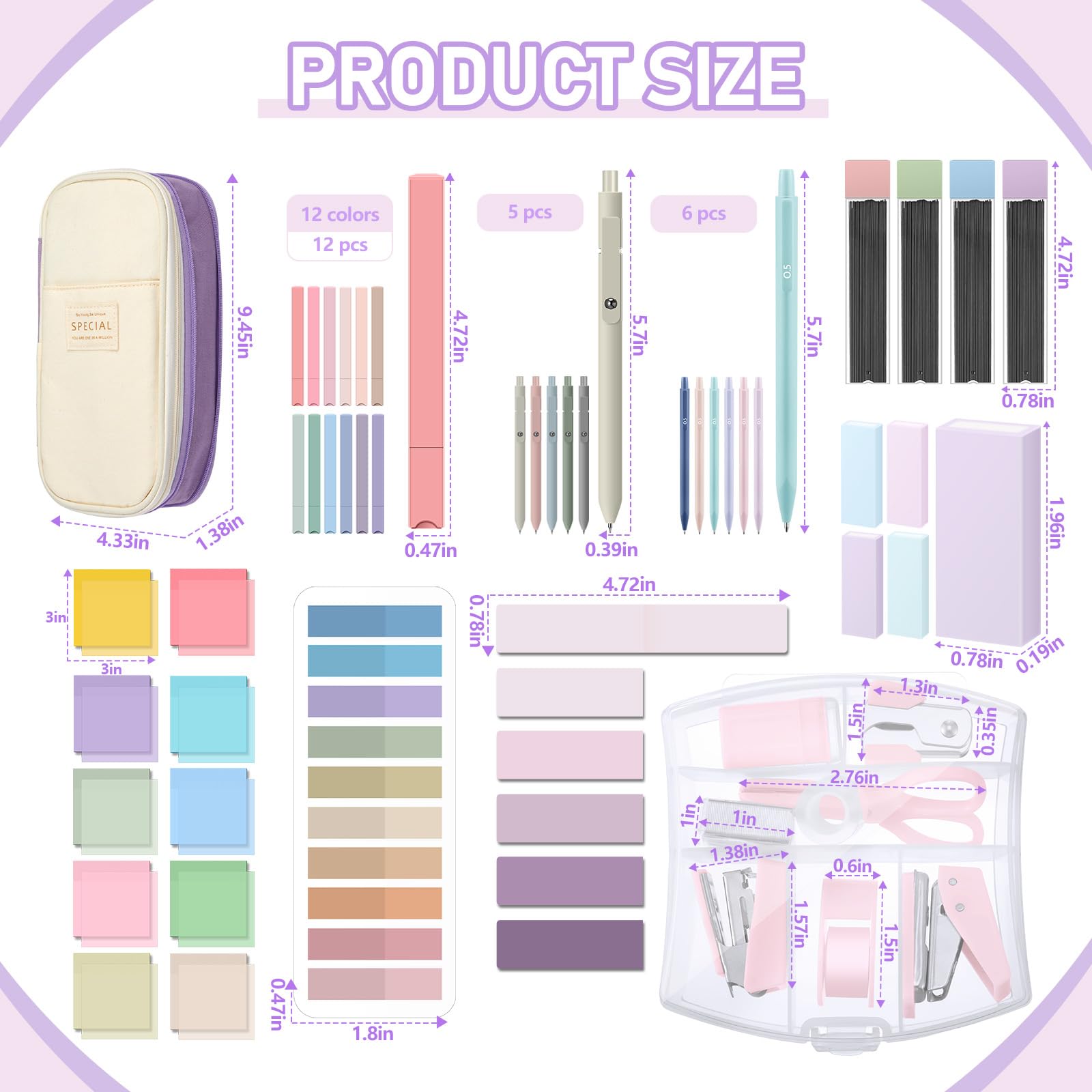 Sinload Kit de anotación de libro estético de 60 piezas, estuche con marcador de gel, lápiz mecánico, marcadores magnéticos, pestañas adhesivas transparentes, mini suministros de oficina (morado)