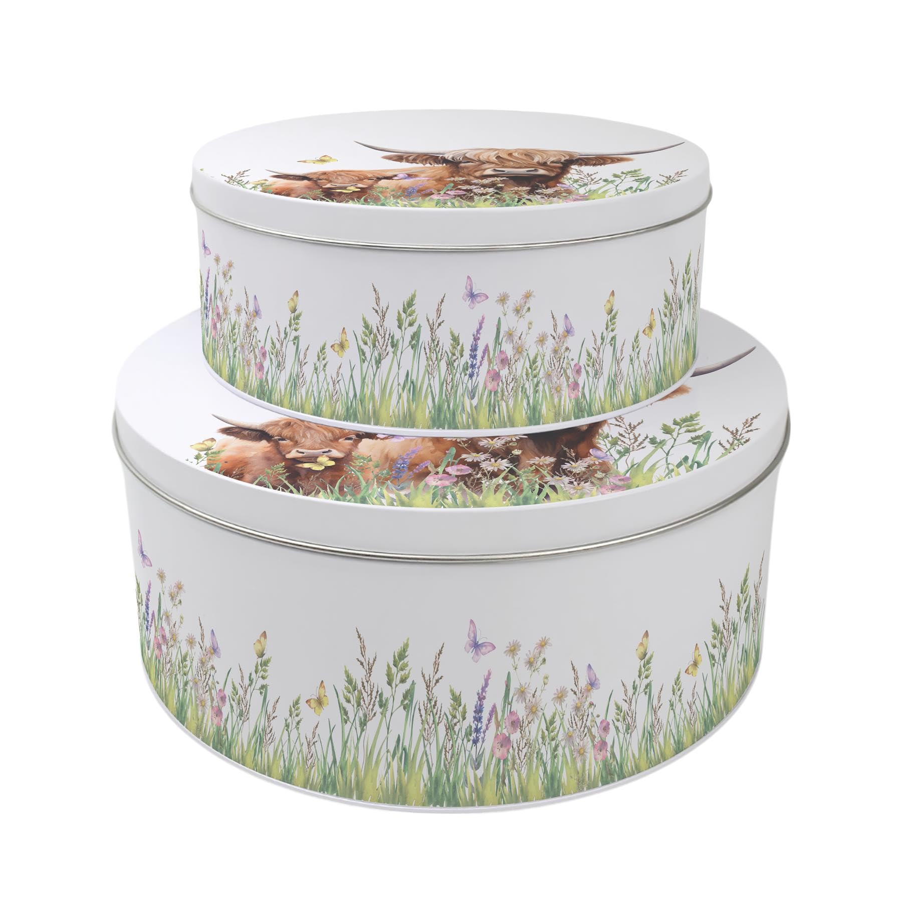 Purely Home Highland Cow & Calf Set of 2 Cake Tins - Nesting Round Large & Medium Metal Storage Containers for Cakes and Baking - Homeware Gifts