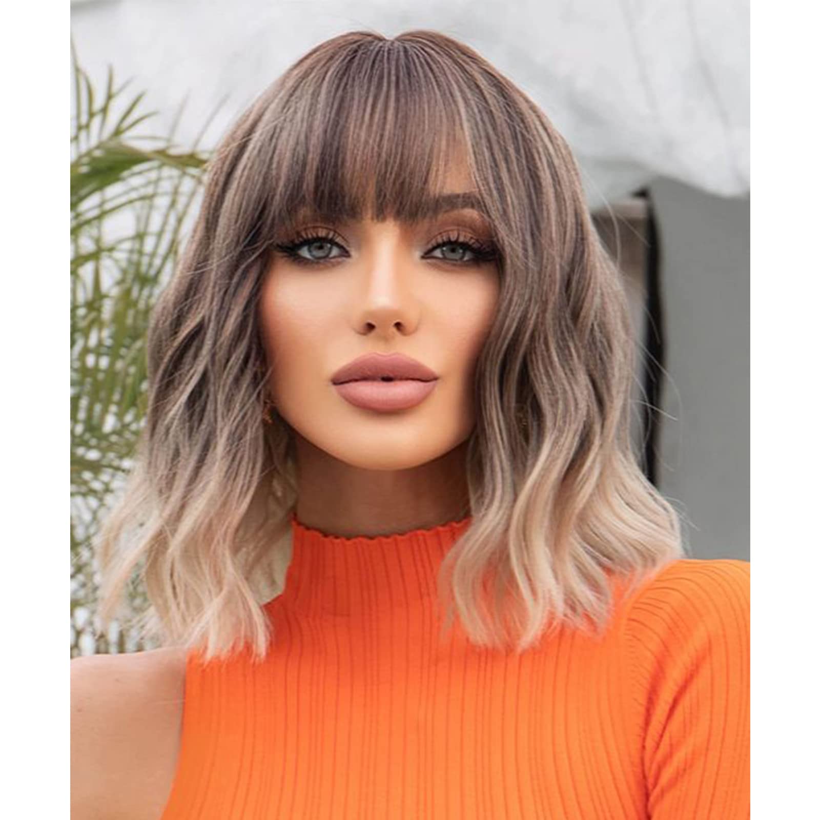 Ash Wavy Wigs with Bangs - 14 Inch Short Curly Synthetic Wig for Women, Colorful Wigs for Daily Use and Cosplay(14 Inch,Ash)