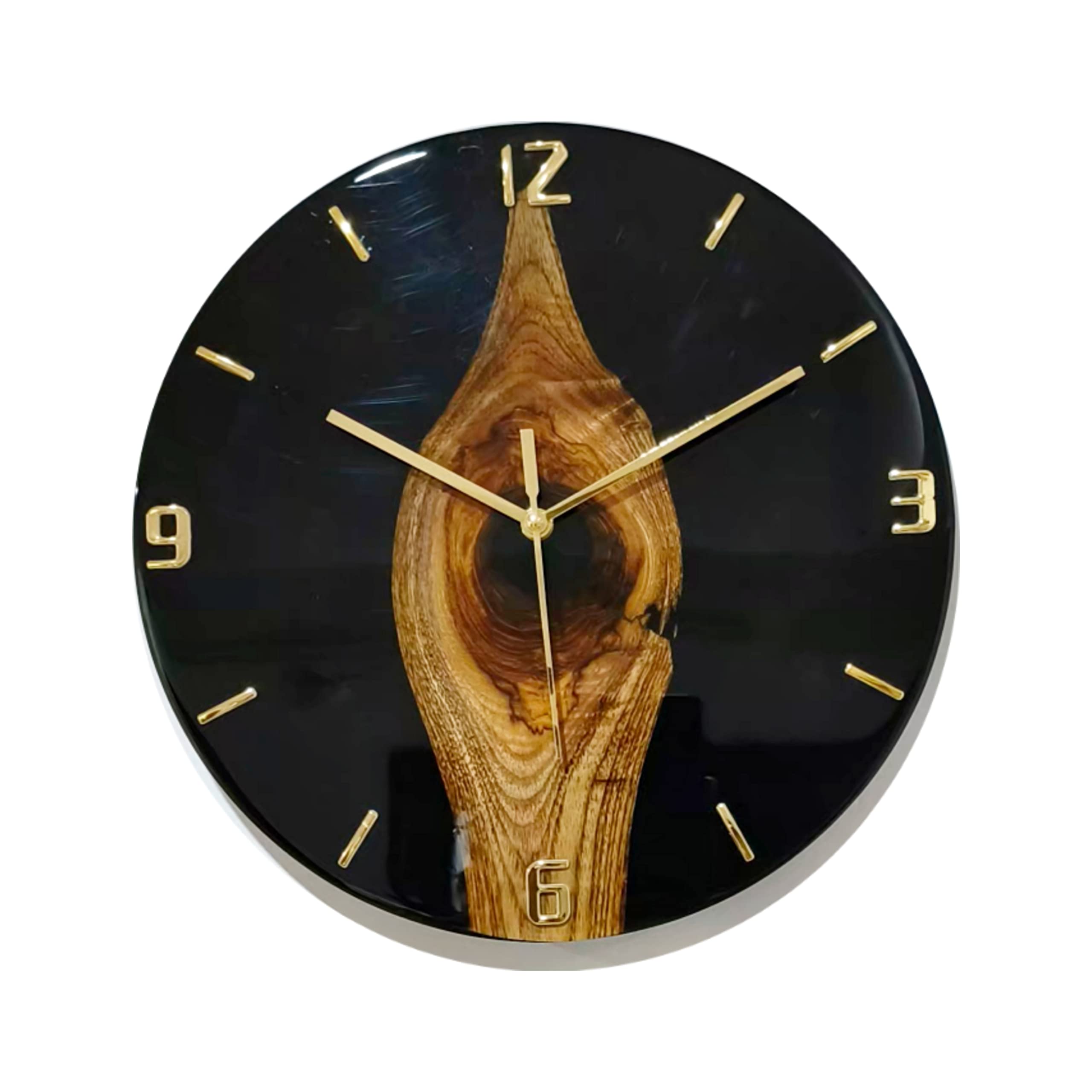 Epoxy Fusion 12" inch Resin Wall Clock with Indian Teak, Hand Made Resin Wall Clock for Home, Black Resin Clock, Office, Living Room, Black Resin Wall Clock (Style 1)
