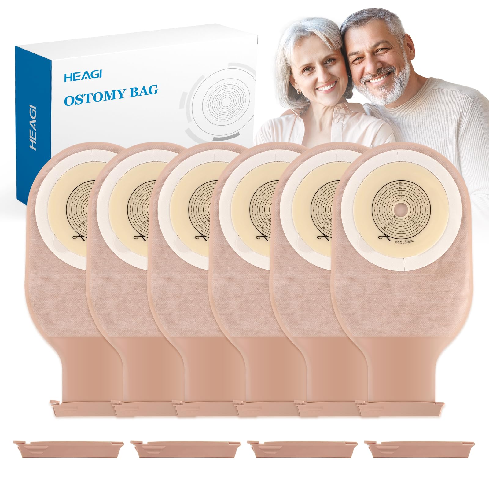 30 Pack Colostomy Bags Ostomy Supplies, One Piece Ostomy Colostomy Bags, Drainable Pouches with Clamp Closure for Ileostomy Stoma Care, Cut-to-Fit, 60