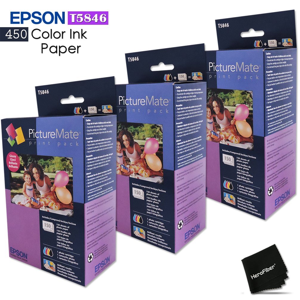 3 Pack Epson T5846 Picturemate Prints Includes 450 Color Ink Paper Sheets + 2 Ink Toners for Epson PictureMate Charm PM 225, PM 260, PM 280 PM 290 PM 300 Printers + HeroFiber Cloth