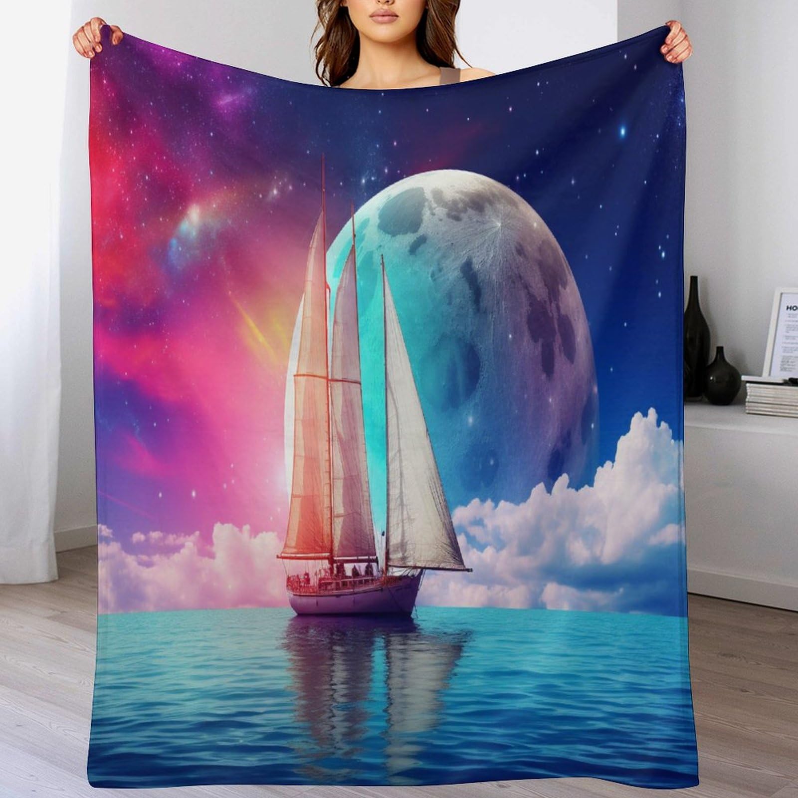 Couverture polaire en flanelle de motif voilier douce pour lit et canapé de 130x150 cm