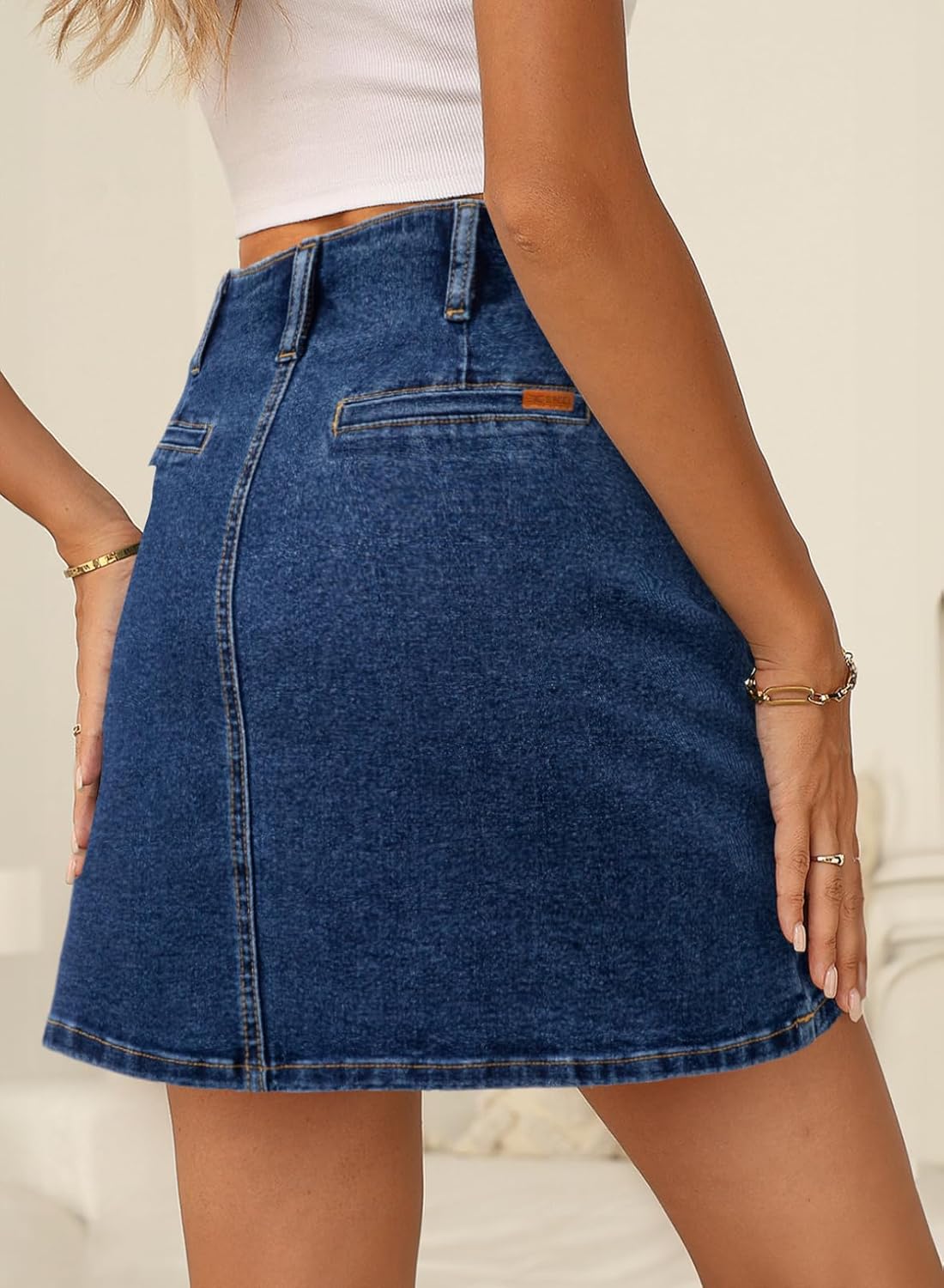 Sidefeel Women's Jean Skirt High Waist Summer Stretch Zimbaplatinum Denim Skirt Button Knee Length Skirt with Pockets - Image 2