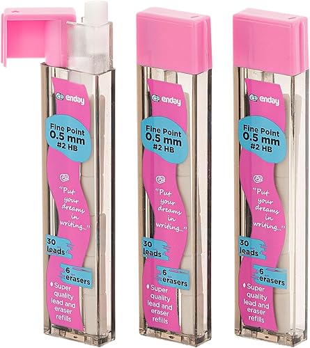 Enday Recambios para lápices mecánicos, mina negra HB #2, borrador blanco, paquete de 3 (30 minas y 6 borradores)