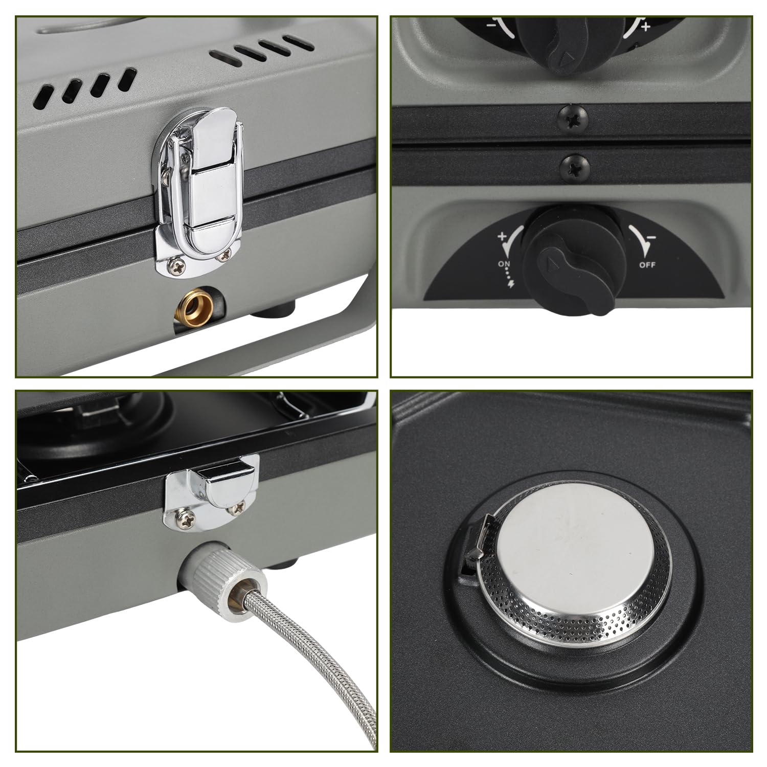 Hornillo de camping 2 en 1 de gas, hornillo de gas para camping, 2 fuegos, plegable, con placa de barbacoa para exteriores, barbacoa, senderismo y emergencias (butano, gris), incluye