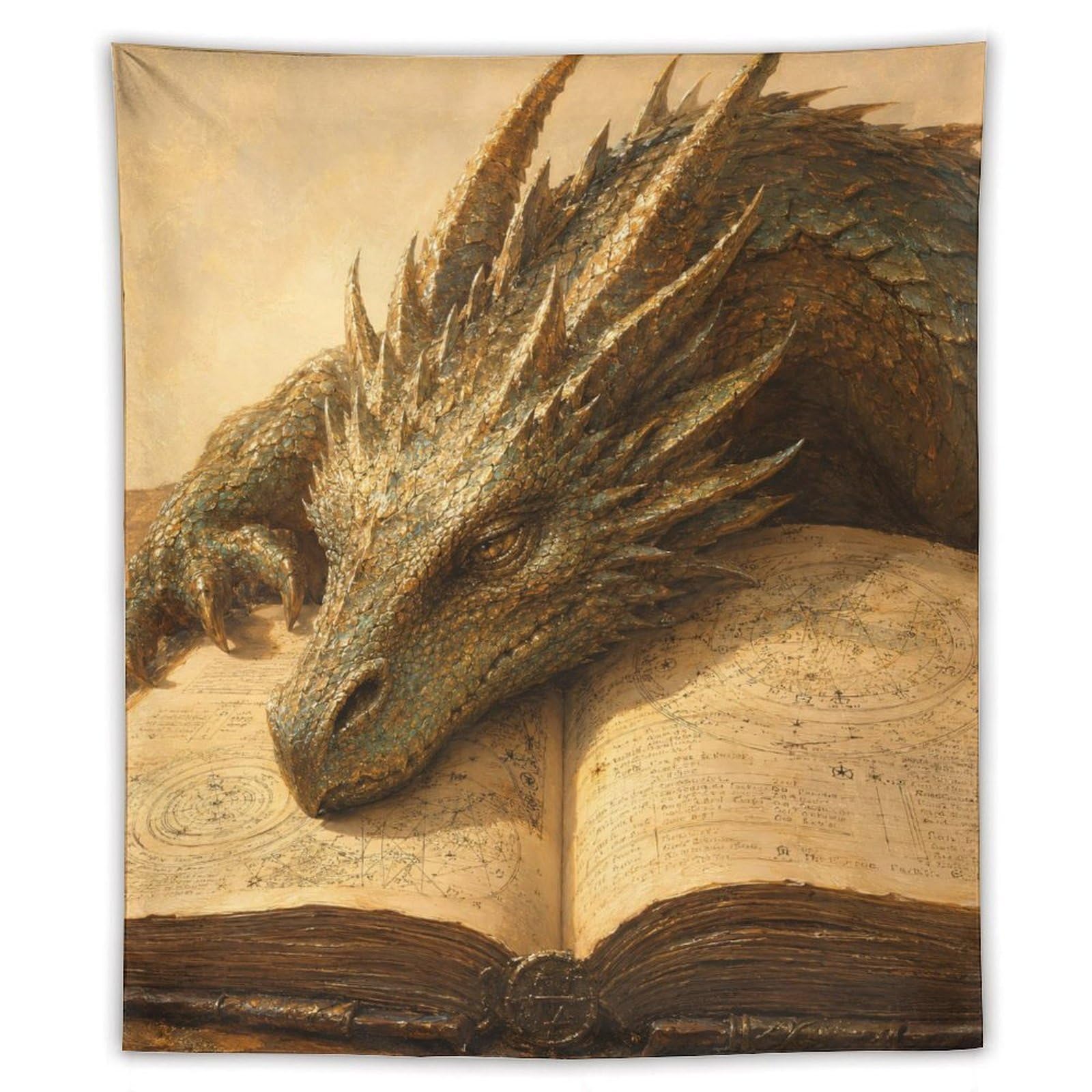 W7C8U2X3 Golden Dragon Sleeping on Book Wall Tapestry, Entryway