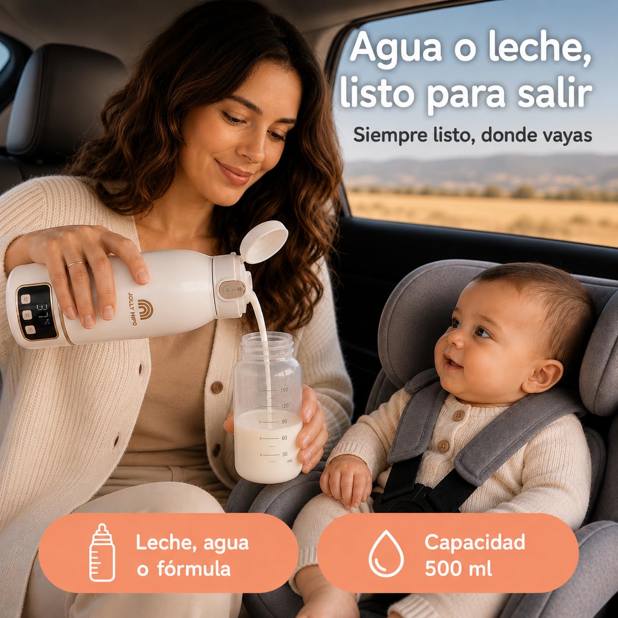 Calentador de Biberones Portátil Sin Cable 500ml, Agua y Leche Materna, Viaje/Coche/Noche, Cepillo Incluido, Diseño Dorado Premium Auto-Pasteurización