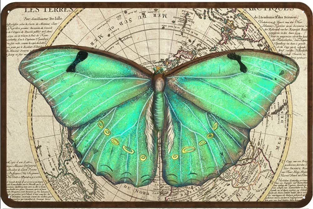 Funny Tin Sign Butterfly World Map Butterfly Vintage Metal Sign Gift Bedroom Retro Novelty Cafe Store Tin Signs 8x12 Inch