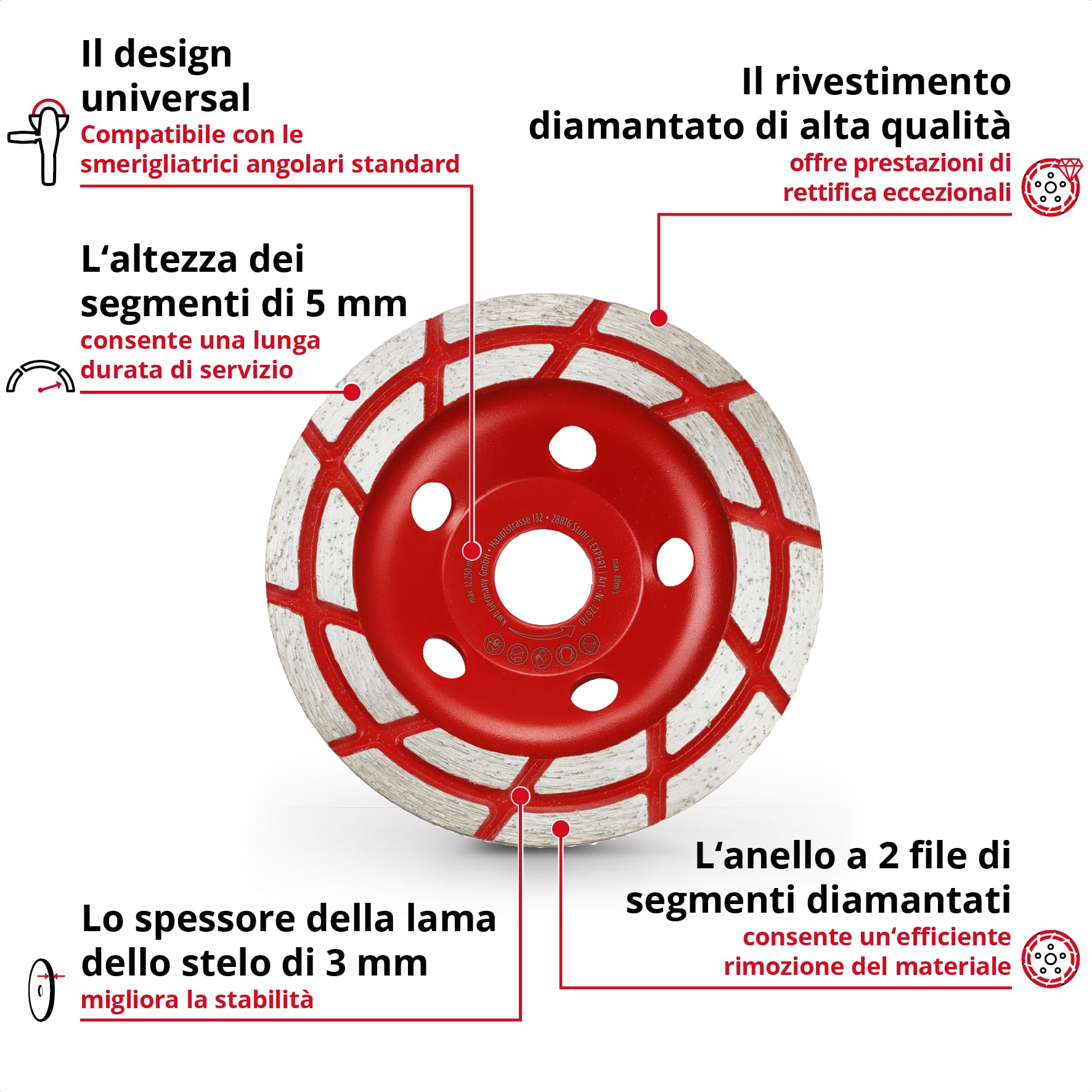 kwb mola a tazza diamantata, disco diamantato (con bordo a 2 file, Ø 125 mm, per smerigliatrici angolari, ideale per calcestruzzo con armatura, intonaco, massetto e colla per piastrelle)