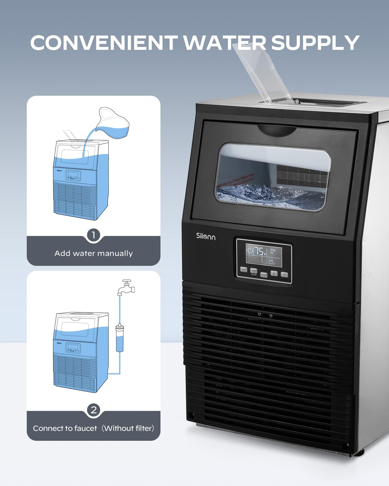 Silonn Commercial Ice Maker Machine, 84lbs/24h With 30lbs Bin, Full Heavy Duty Stainless Steel Construction, Self-Cleaning, Clear Cube For Home Bar, Include Scoop, Connection Hose on Fridge.com - View 5