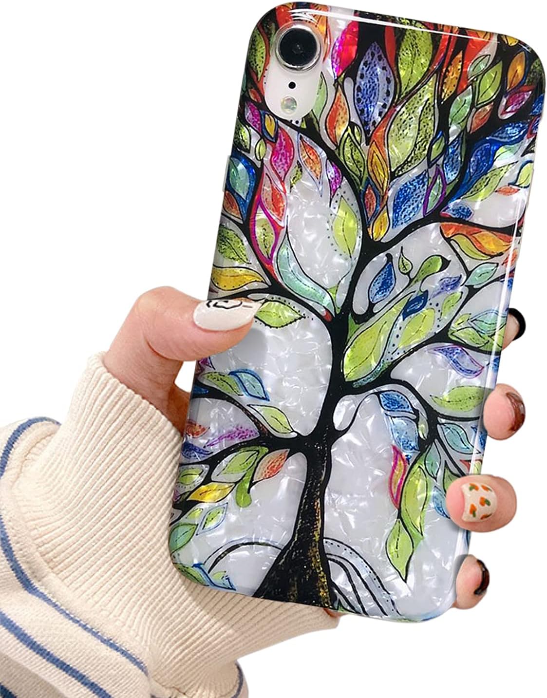 Dailylux Case for iPhone XR 6.1 inch 2018, Slim Shell Protective Soft TPU Back Cover with Glitter Pearly-Lustre Design for Girls (Love Tree)