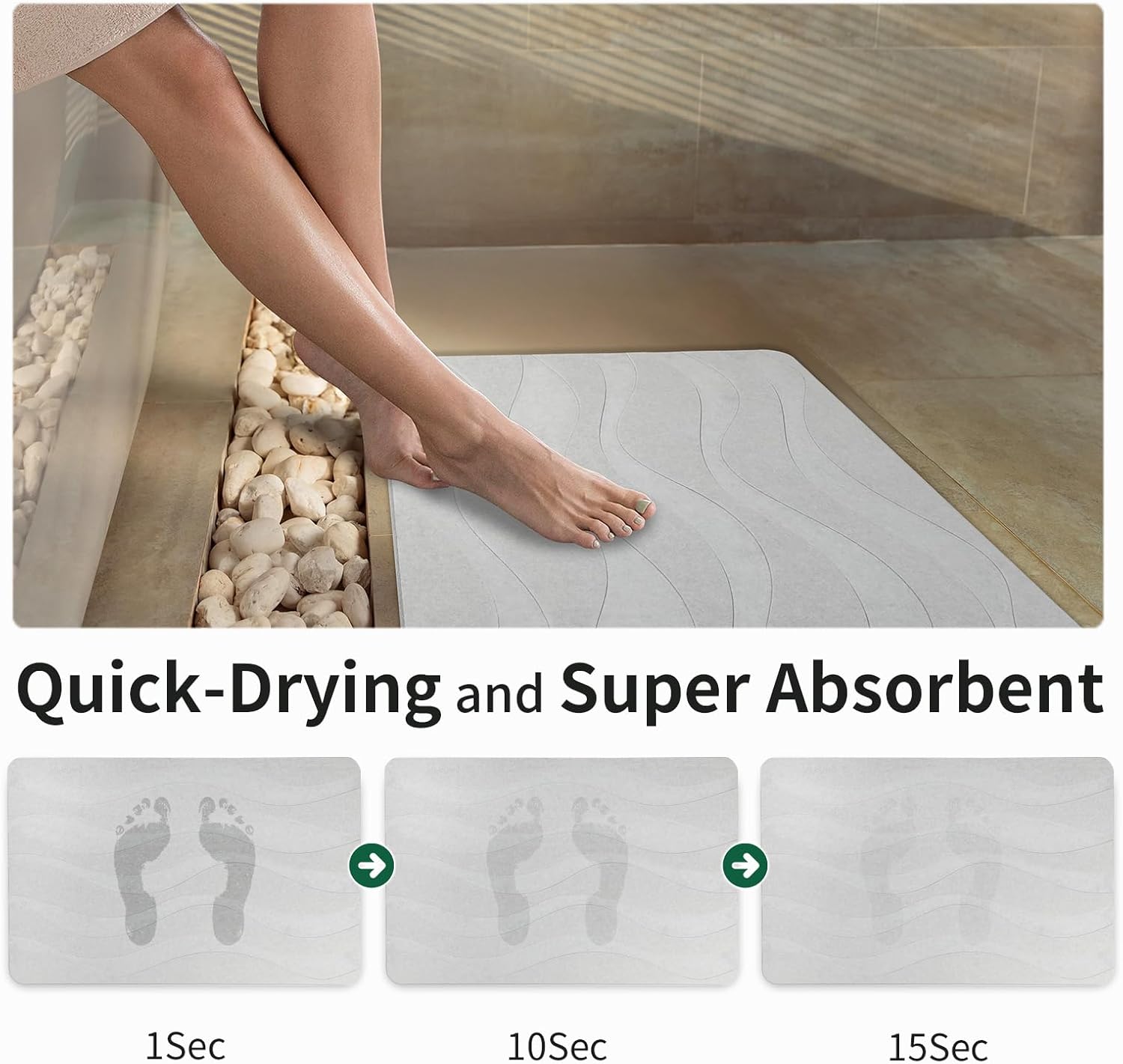 XMarrat Stone Bath Mat, 23.6'' x 15.4'' Super Absorbent Diatomaceous Earth Bath Mat Large, Quick Drying Non-Slip Diatomite Stone Bath Mats for Bathroom, Easy to Clean (Light Gray)