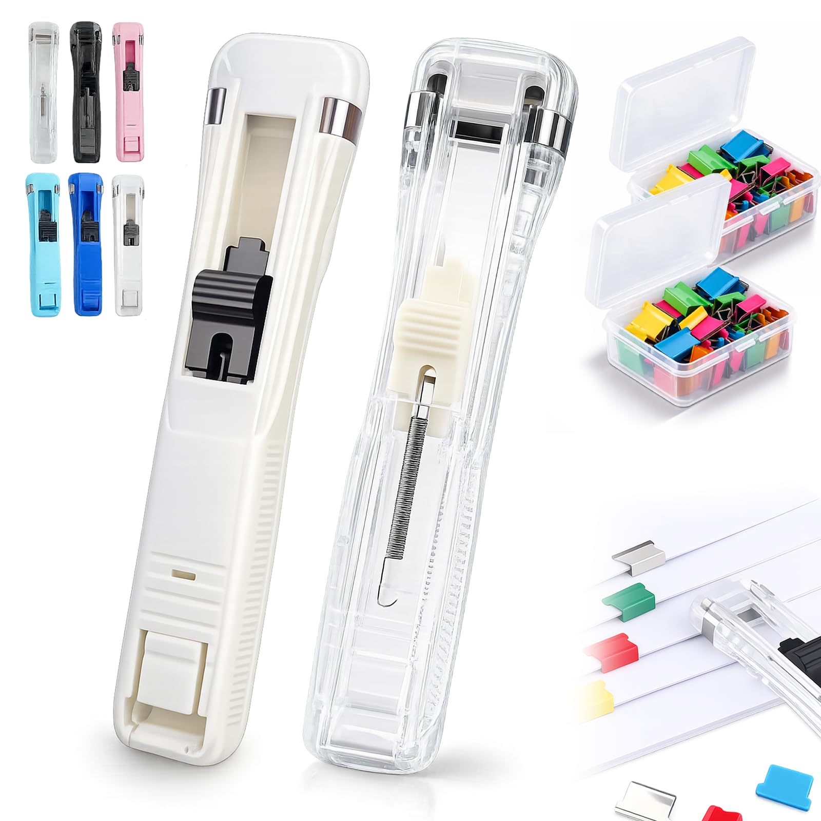 Portable Binder Clip Stapler-Includes 50 Reusable Clips, Staple Free Stapler Dispenser, Handheld Paper Clam Push Fastener, Desktop Staplers for Home Office Desk Document Supplies (2PCS-D)