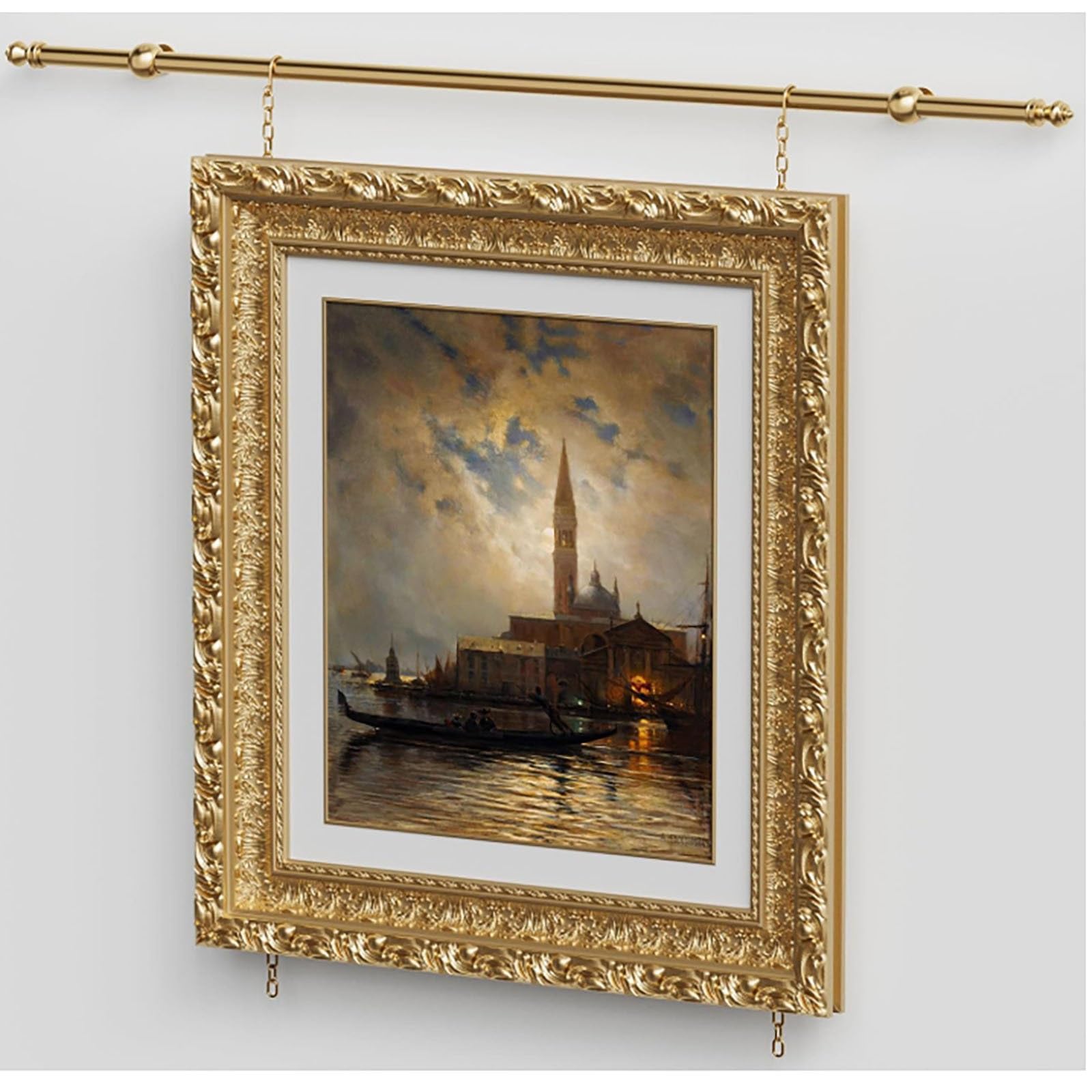 Aenmezen Gallery Rail Complete Hardware Set, Brass Rail with Adjustable Gold Tone Chain, Flexible Brass S-Hooks for Frames, Photo Gallery Wall Organizer(0.9m(35.4") Rod)
