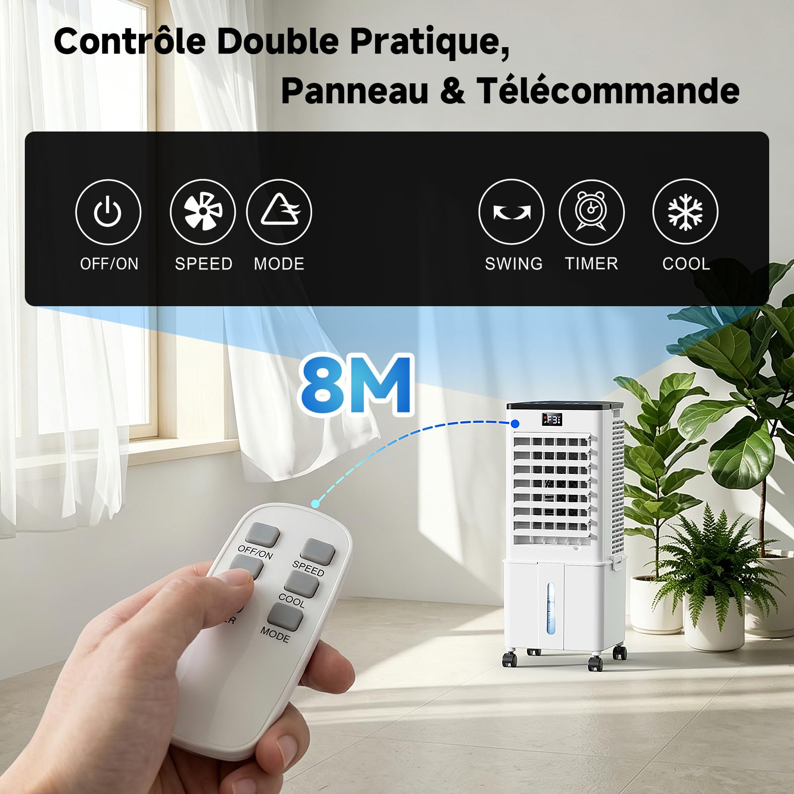 Climatiseur Mobile 10L-Amélioré, Rafraîchisseur d'Air avec Télécommande, Minuterie 1-12h, 3 Vitesses, Oscillation de 60°, Silencieux Climatiseur Portable pour Camping Chambre Cuisine(Blanc voilé)
