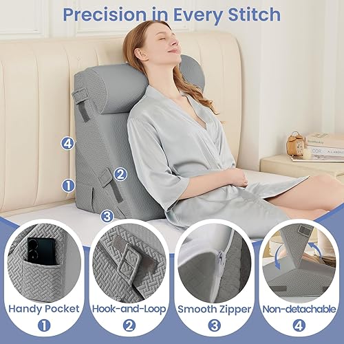 Miniatura 5 de Sasttie Juego de almohadas de cuña para después de la cirugía, 3 piezas, cabecero de almohada de cuña ajustable con cojín de espuma viscoelástica