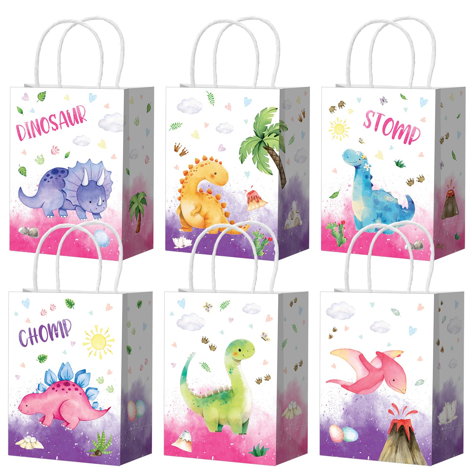 Zhanmai 24 Pcs Pink Dinosaur Party Favors Bags with Handles Purple Dinosaur Gifts Candy Treat Goodie Paper Bags for Gifts Wrapping Dino Birthday Party Supplies Decorations