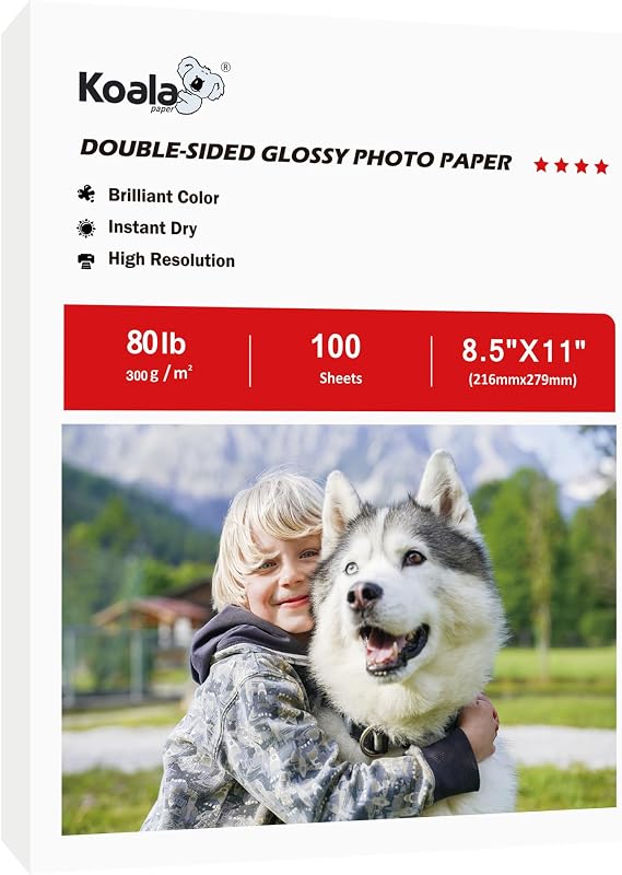 Koala Double sided Thick Glossy Photo Paper 8.5x11 Inch 80LB 100 Sheets | 300GSM Heavyweight Cardstock Paper Compatible with Inkjet Printer and Dye Ink for Cake Toppers Printing