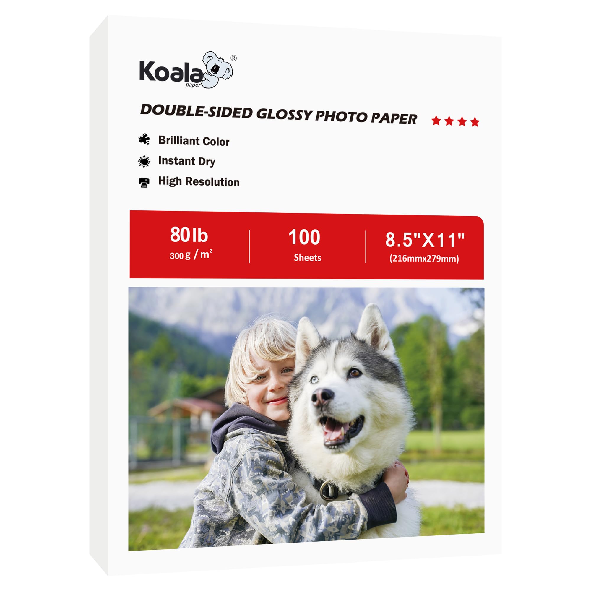 Koala - Papel fotográfico grueso de doble cara, brillante, pesado, 8.5 x 11 pulgadas, 80 libras, 100 hojas, cartulina de 300 g/m², compatible con impresora de inyección de tinta