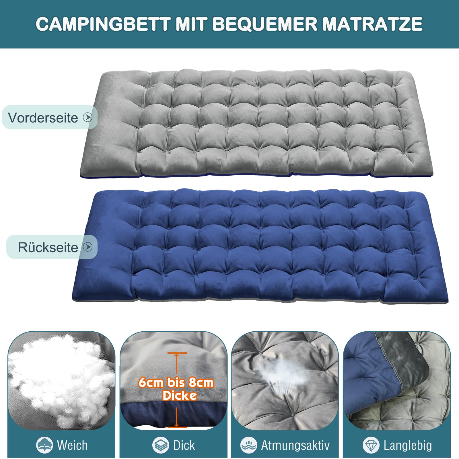 Sonnenliege Klappbett Campingbett Gästebett klappbar liegestuhl 200KG Lastlager Gartenliege Mit Matratze Seitentasche und Kopfstütze Feldbett für Outdoor Indoor Garten Camping (Grau-BK)