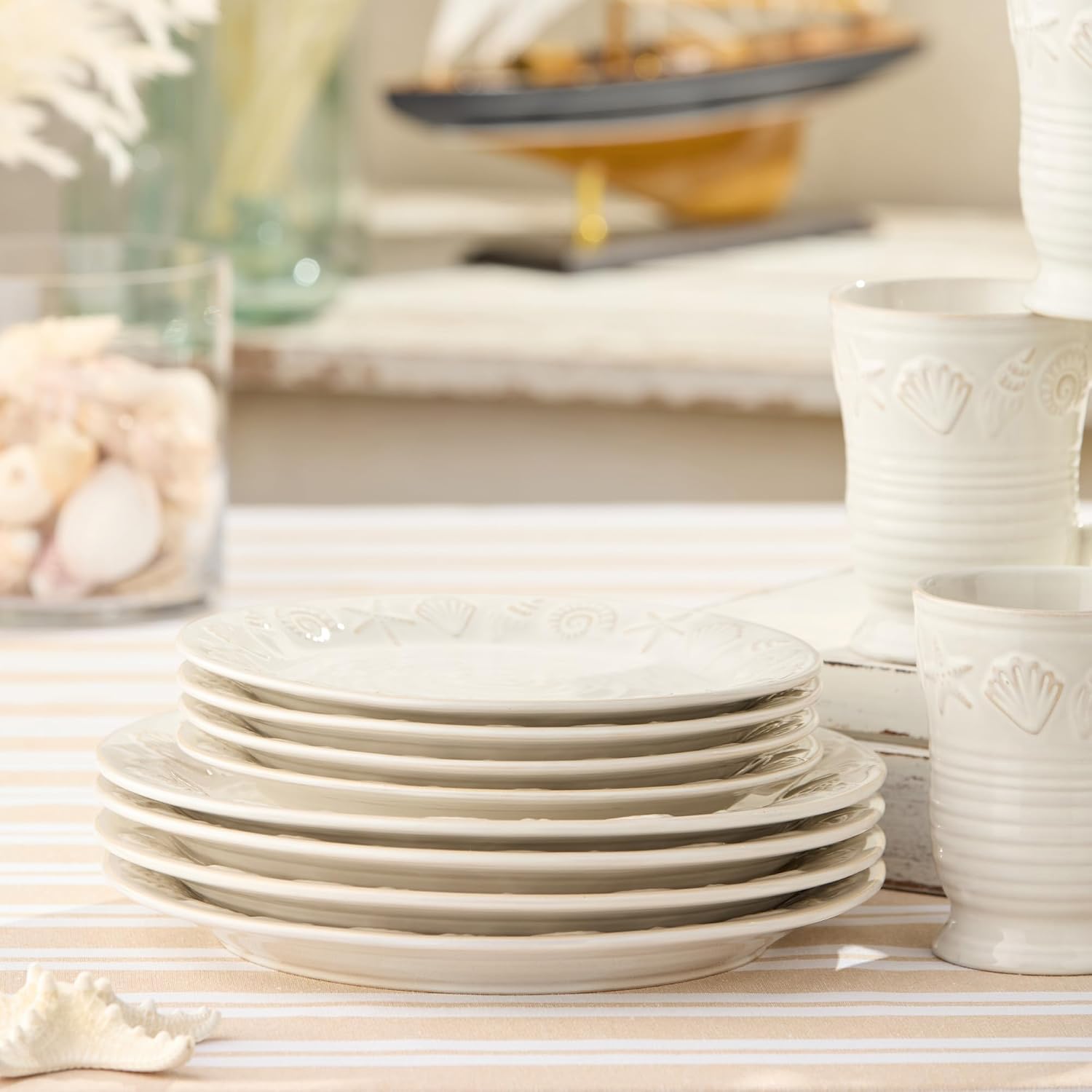 Coastline Cream 16-Piece Stoneware DINNERWARE SET,SERVICE for 4 with embossed coastal shells and starfish detailing, durable beach house tableware for relaxed coastal living and everyday dining