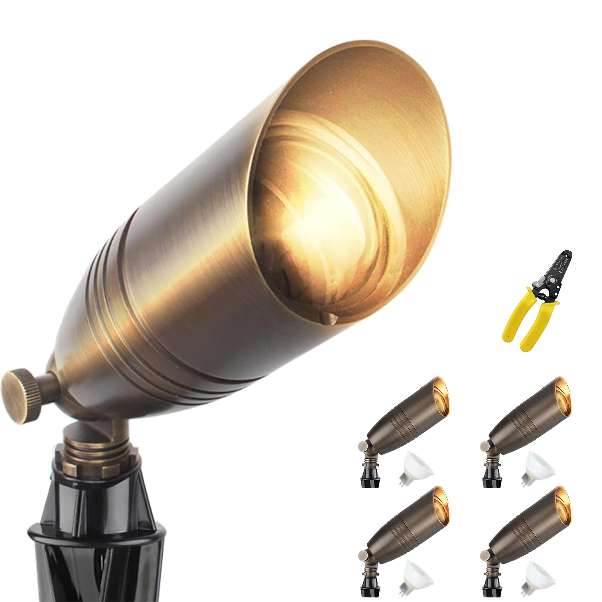 Onisdin Brass Wired Landscape Light, Low Voltage Landscape Light,12V AC Uplighting Outdoor, Directional Outdoor Landscape Spotlight(4-Pack with PVC Ground Stakes,4 Light Bulbs,4 Code Cutters)